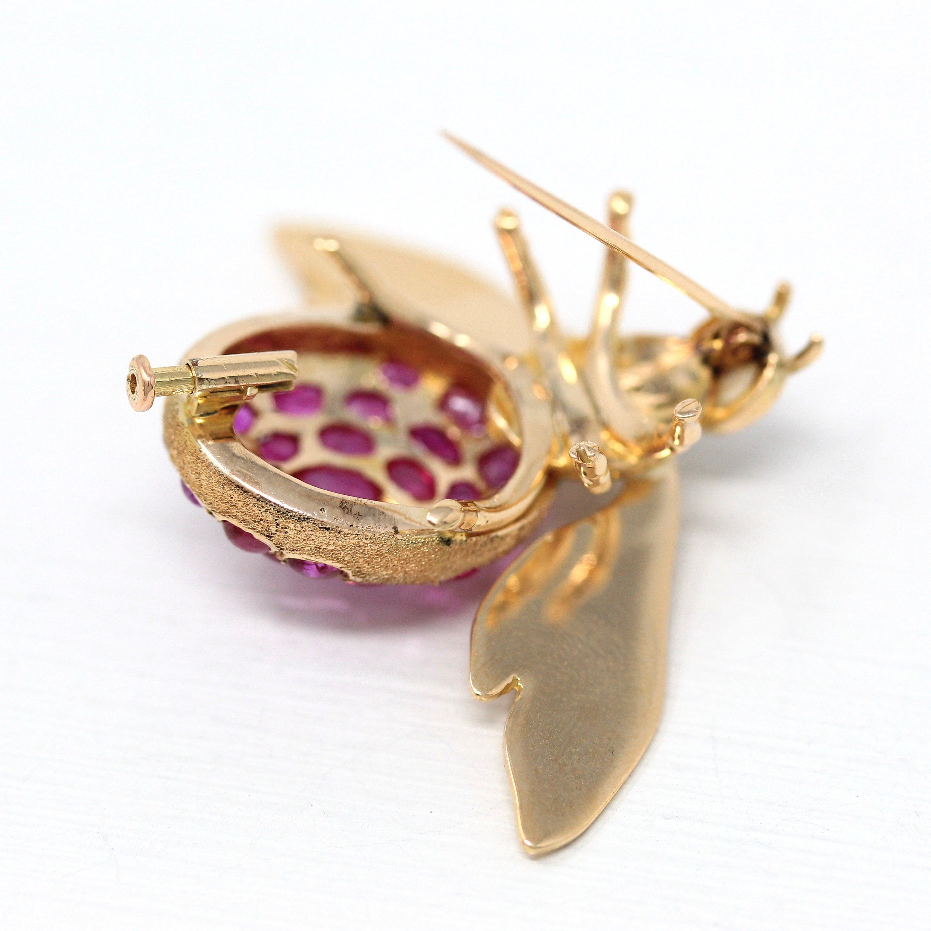 Sale - Vintage Bee Brooch - Retro 14k Yellow Gold Flying Insect Cultured Pearl Pin - Circa 1970s Era Genuine Cabochon Cut Rubies Jewelry