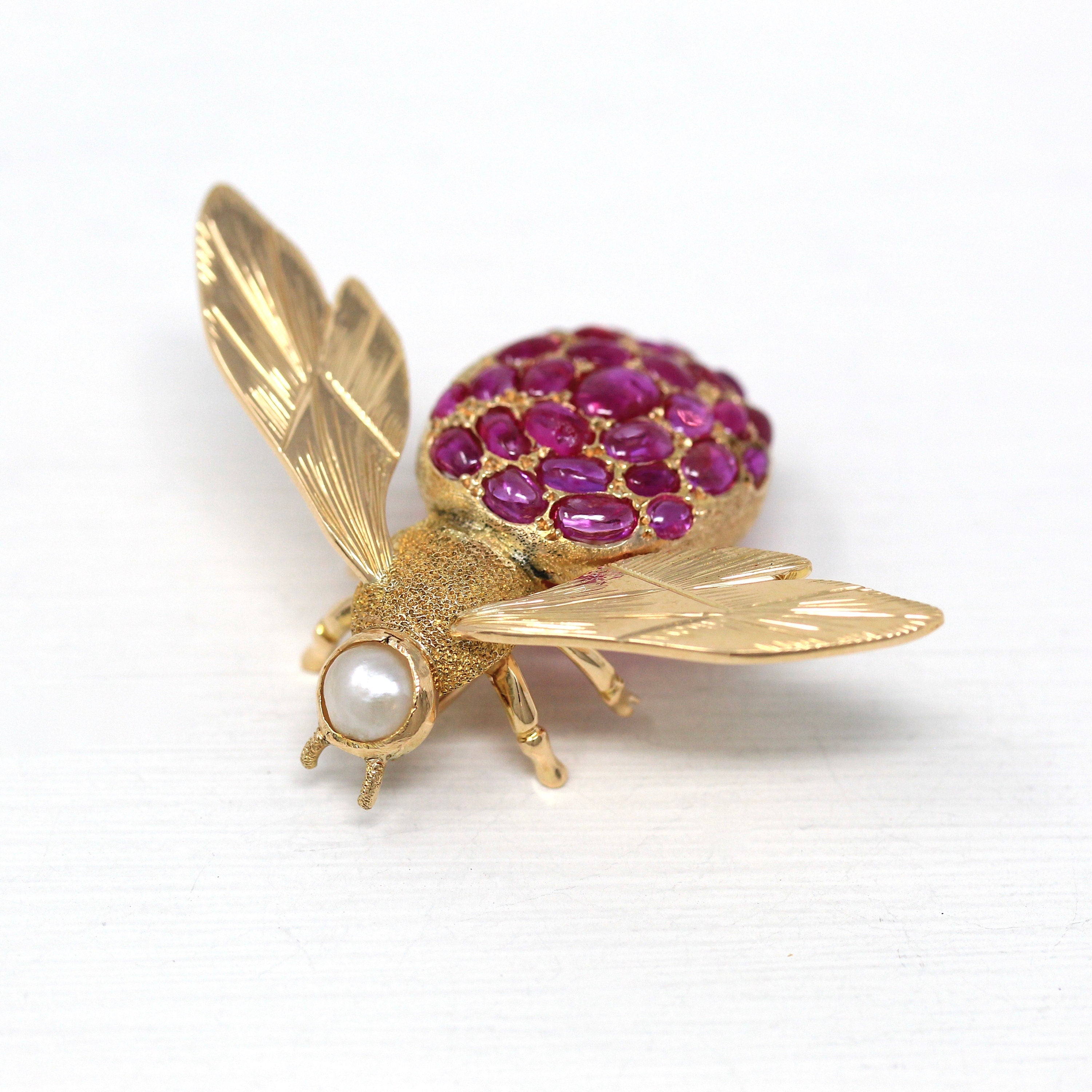 Sale - Vintage Bee Brooch - Retro 14k Yellow Gold Flying Insect Cultured Pearl Pin - Circa 1970s Era Genuine Cabochon Cut Rubies Jewelry