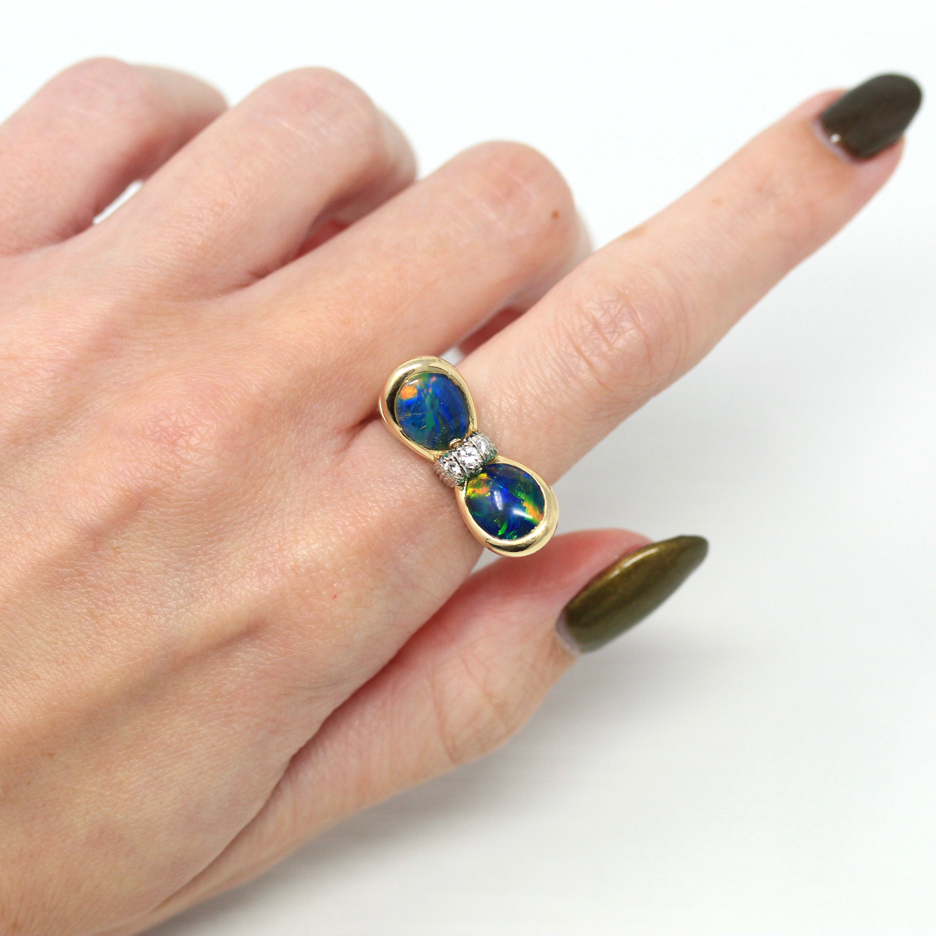 Sale Opal Triplet Ring Estate 14K Yellow Gold Oval Bezel Set Blue Gems Statement Modern Size 5.5 Bow Ribbon Motif Diamond Fine Jewelry