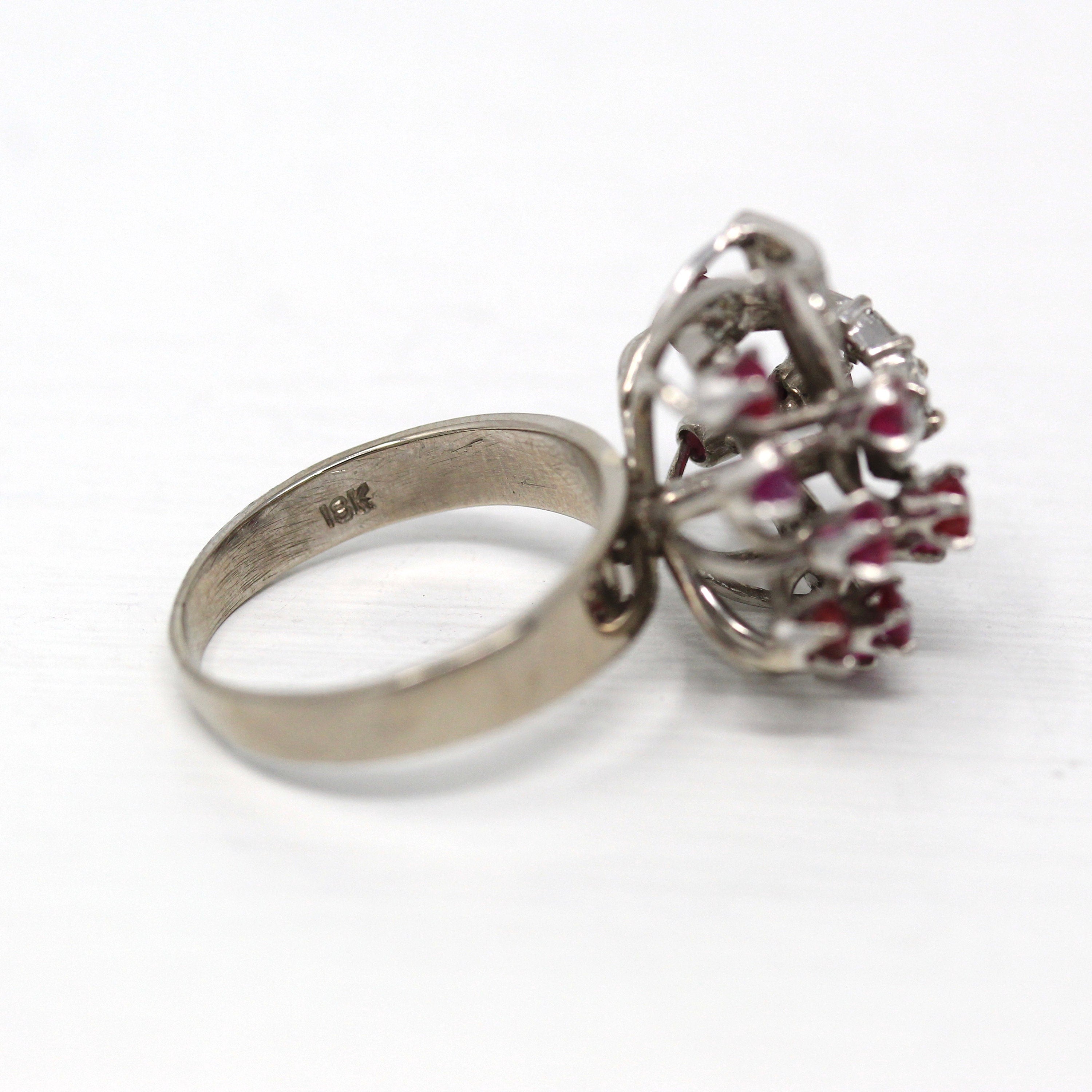 Sale - Mid Century Ring - Vintage 18k White Gold Genuine .96 CTW Rubies - Circa 1950s Size 7 Genuine .61 CTW Diamonds Bow Cocktail Jewelry