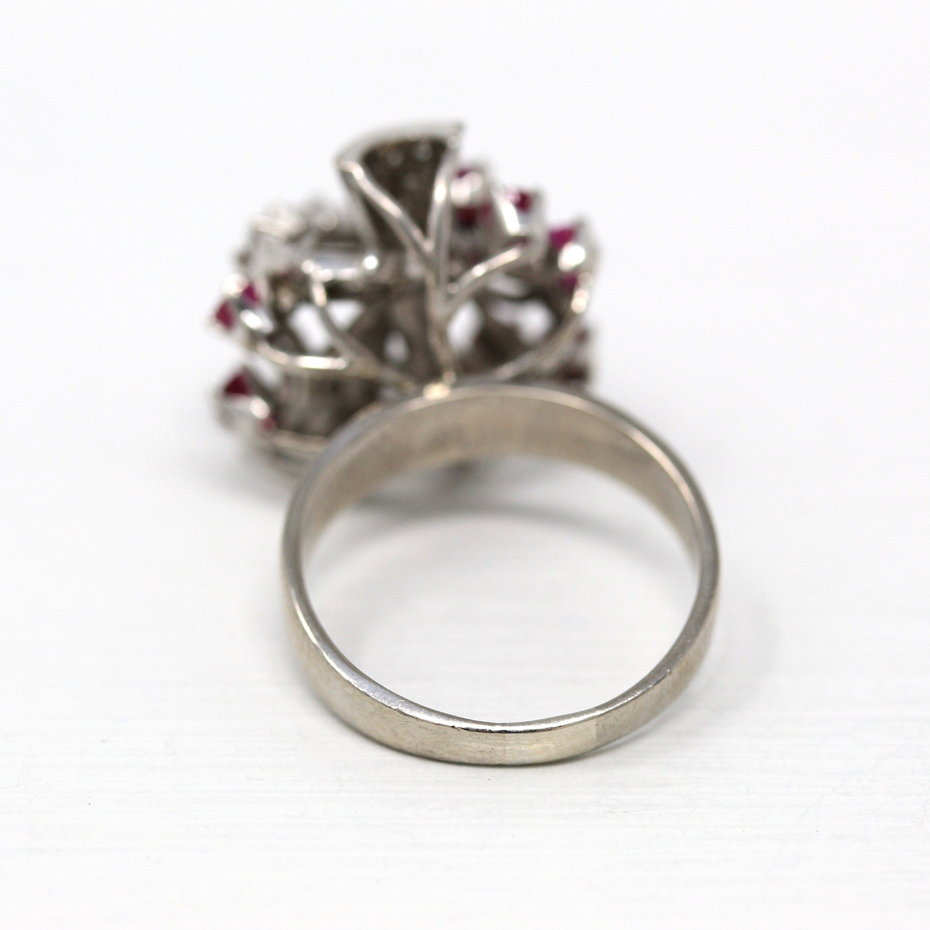 Sale - Mid Century Ring - Vintage 18k White Gold Genuine .96 CTW Rubies - Circa 1950s Size 7 Genuine .61 CTW Diamonds Bow Cocktail Jewelry