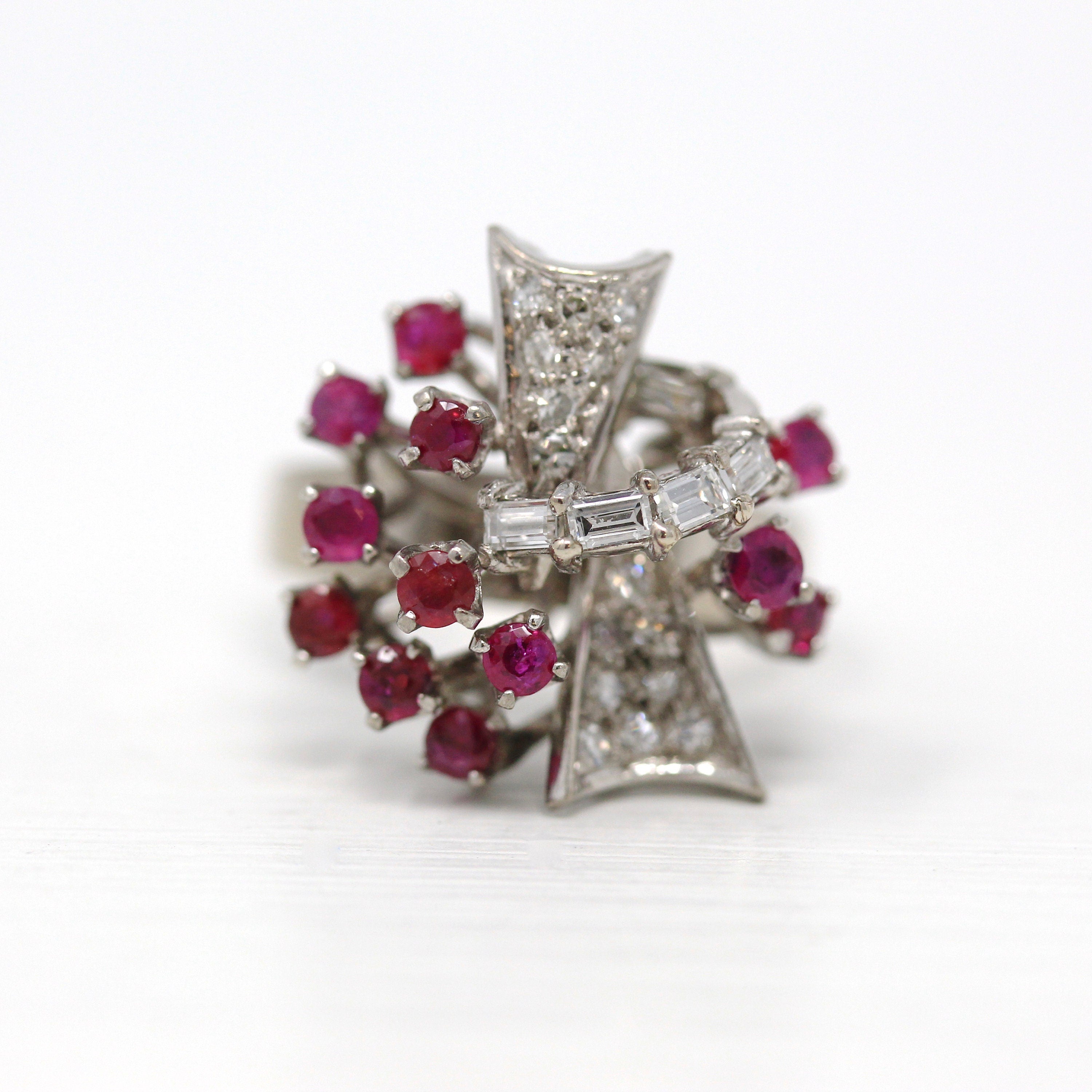 Sale - Mid Century Ring - Vintage 18k White Gold Genuine .96 CTW Rubies - Circa 1950s Size 7 Genuine .61 CTW Diamonds Bow Cocktail Jewelry