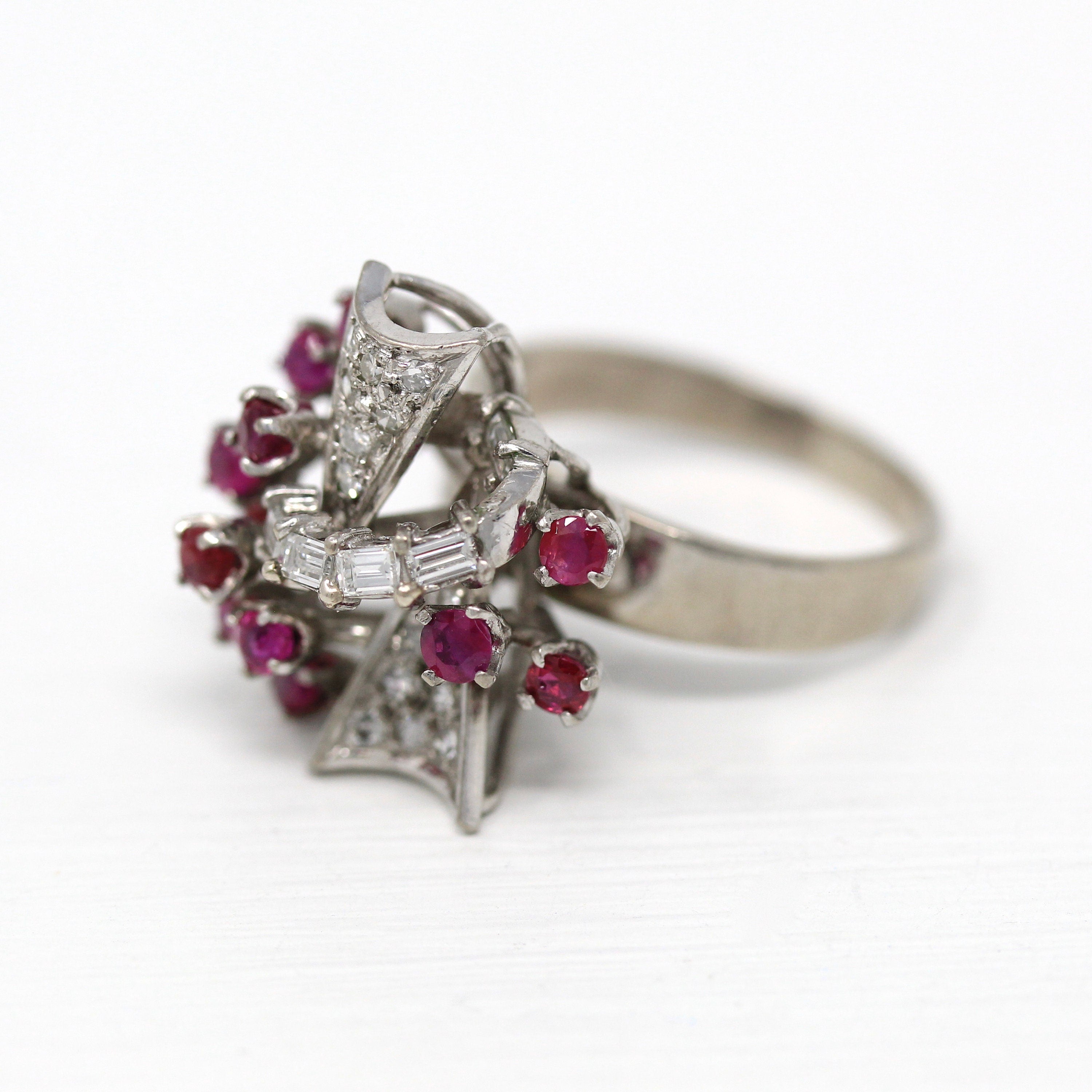 Sale - Mid Century Ring - Vintage 18k White Gold Genuine .96 CTW Rubies - Circa 1950s Size 7 Genuine .61 CTW Diamonds Bow Cocktail Jewelry