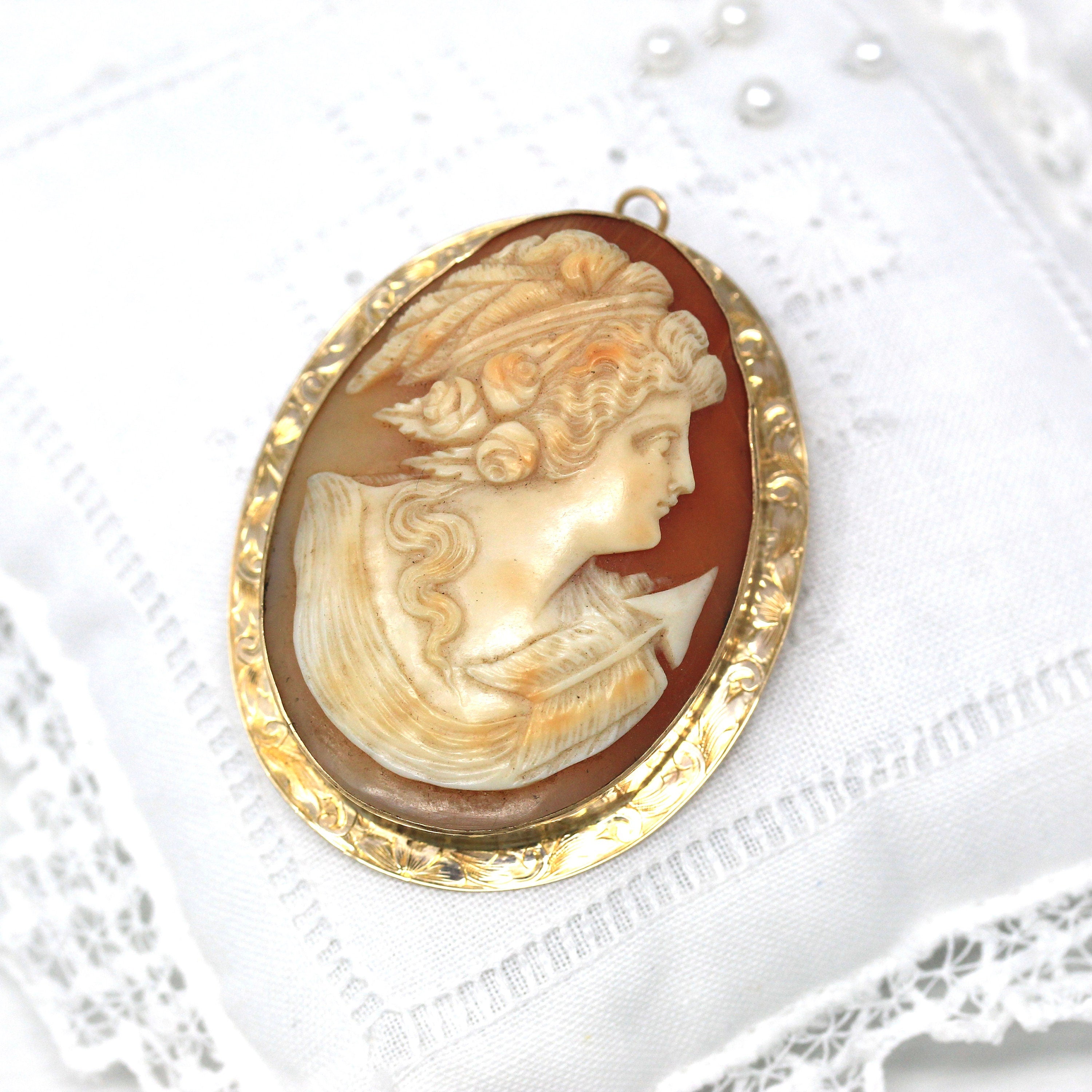 Sale - Antique Cameo Brooch - Edwardian 10k Yellow Gold Carved Shell Pendant Necklace - Circa 1910s Era Statement Fashion Accessory Jewelry