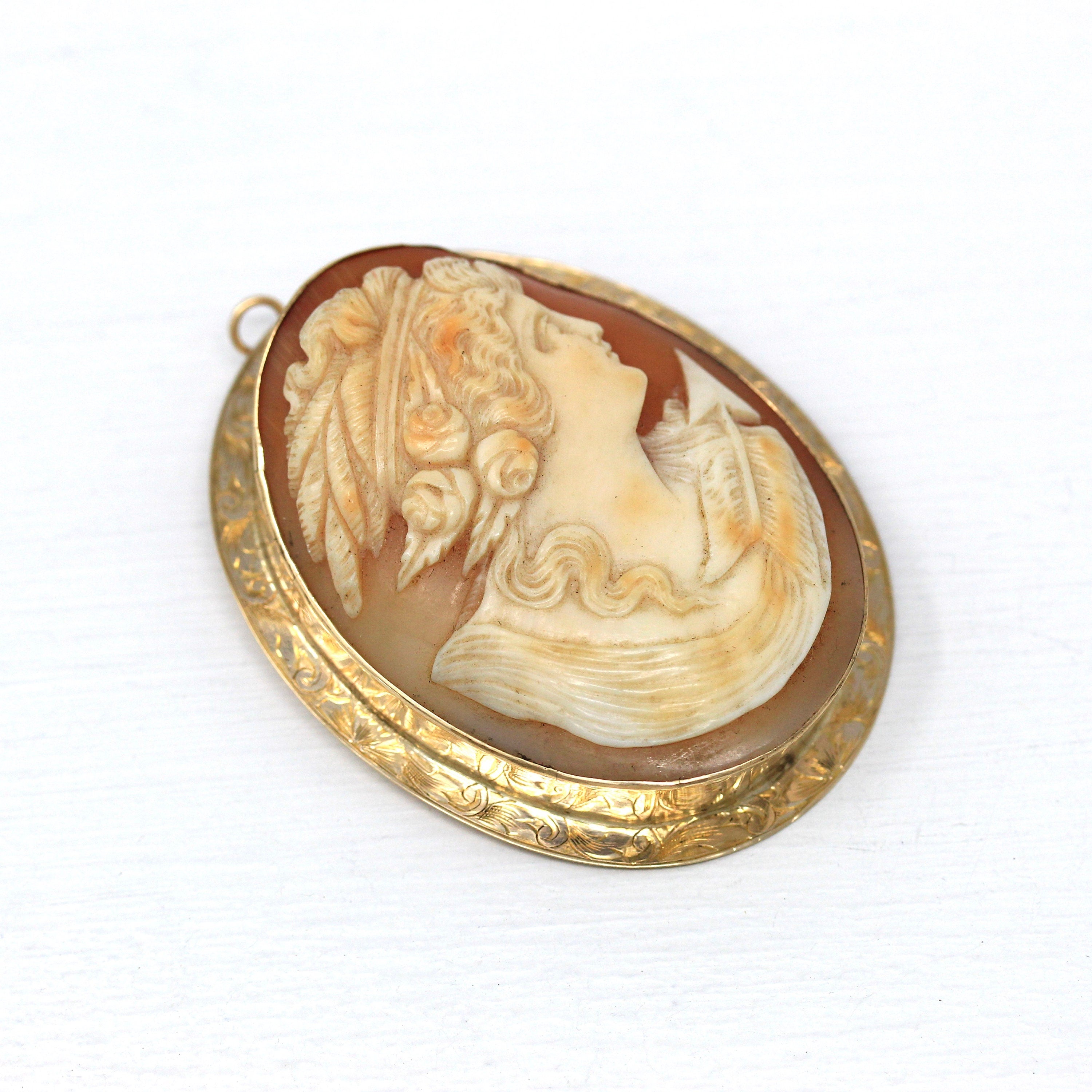 Large Vintage Antique Shell Cameo Pendant Necklace Carved - selling in 14kt. Rolled Gold -----Wire Wrapped