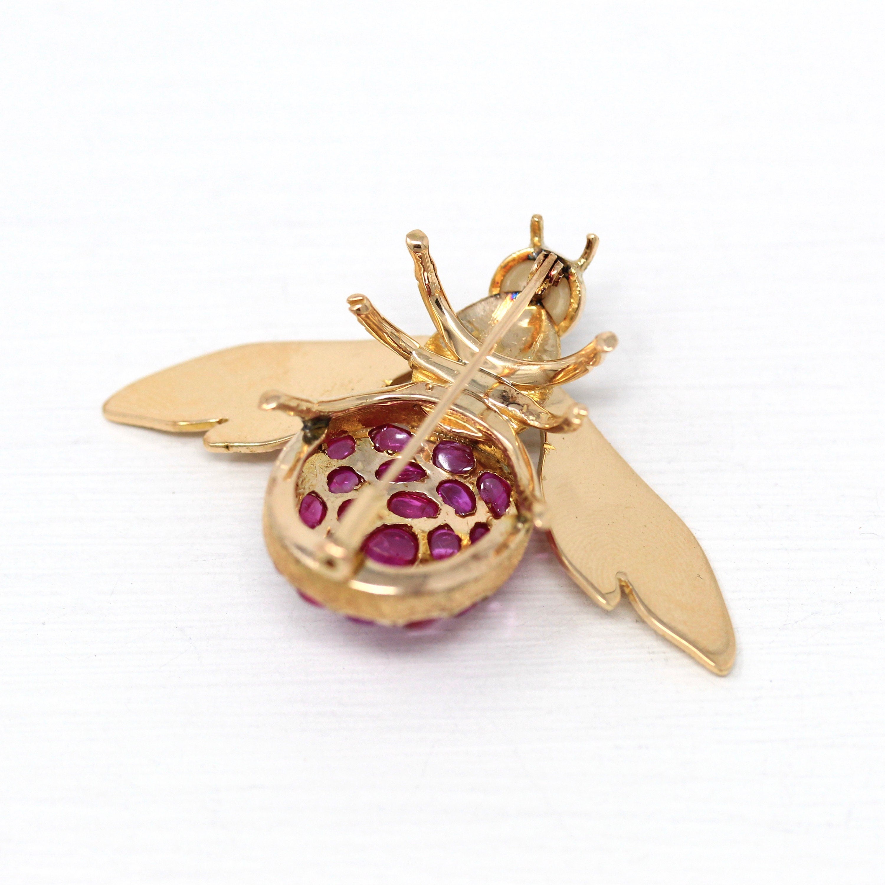 Sale - Vintage Bee Brooch - Retro 14k Yellow Gold Flying Insect Cultured Pearl Pin - Circa 1970s Era Genuine Cabochon Cut Rubies Jewelry