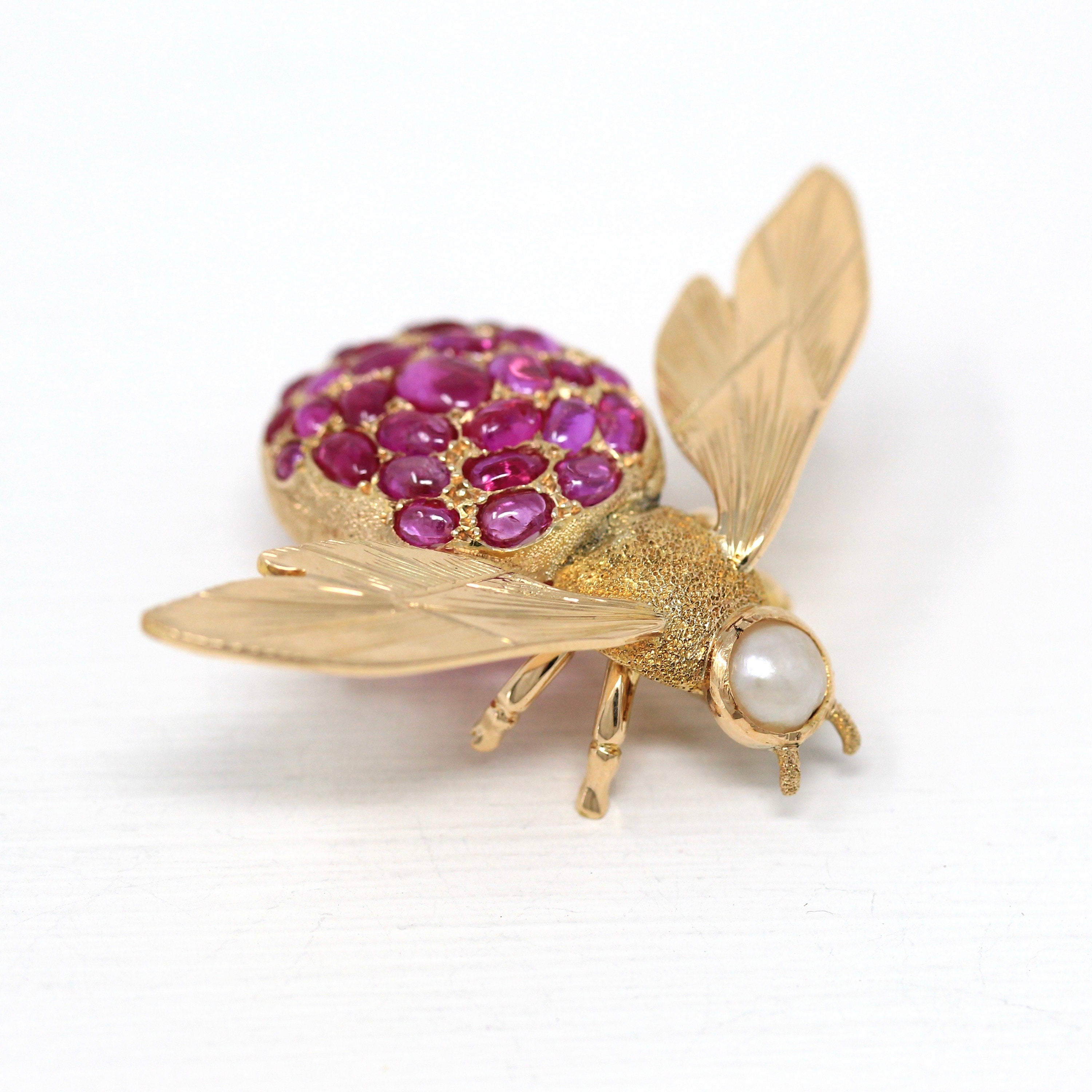 Sale - Vintage Bee Brooch - Retro 14k Yellow Gold Flying Insect Cultured Pearl Pin - Circa 1970s Era Genuine Cabochon Cut Rubies Jewelry