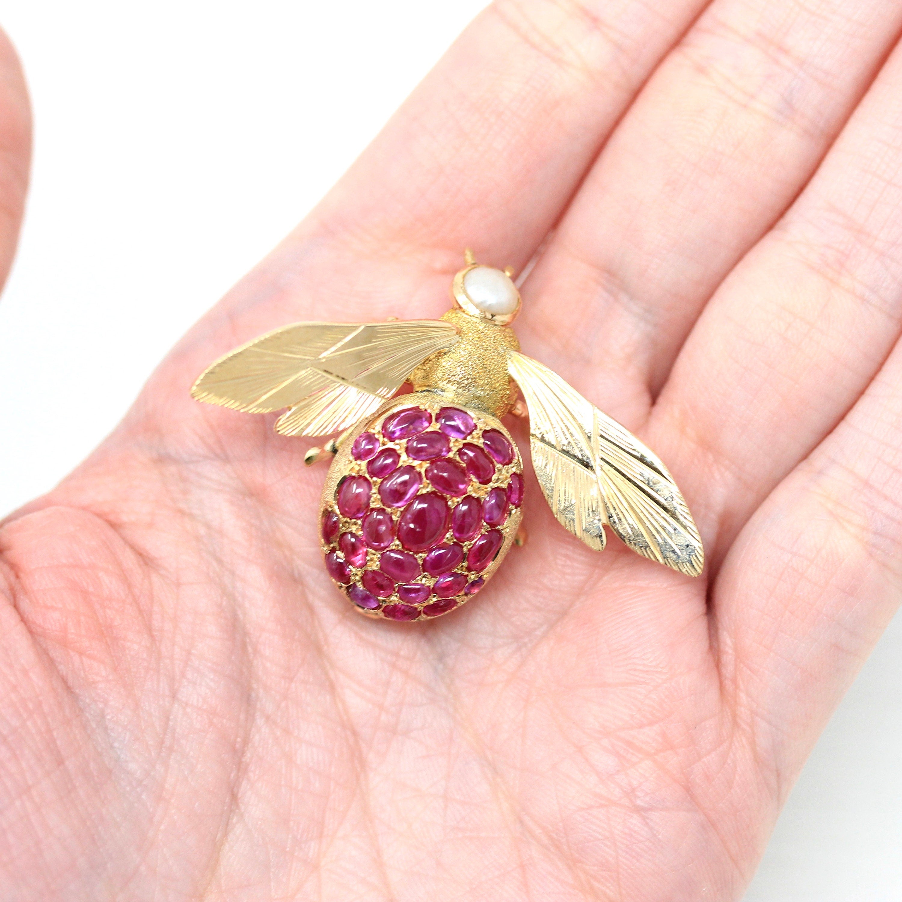 Sale - Vintage Bee Brooch - Retro 14k Yellow Gold Flying Insect Cultured Pearl Pin - Circa 1970s Era Genuine Cabochon Cut Rubies Jewelry