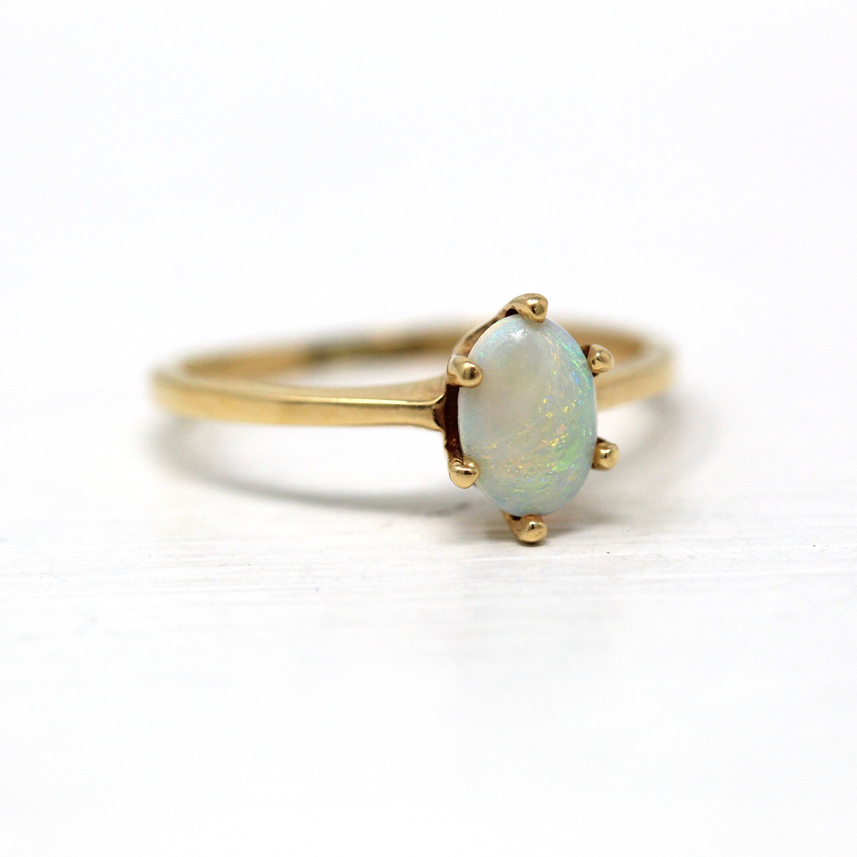 Sale - Genuine Opal Ring - Modern 14k Yellow Gold Oval Cabochon Cut .40 CT Gem - Estate Circa 1990s Size 6 1/4 October Birthstone Jewelry