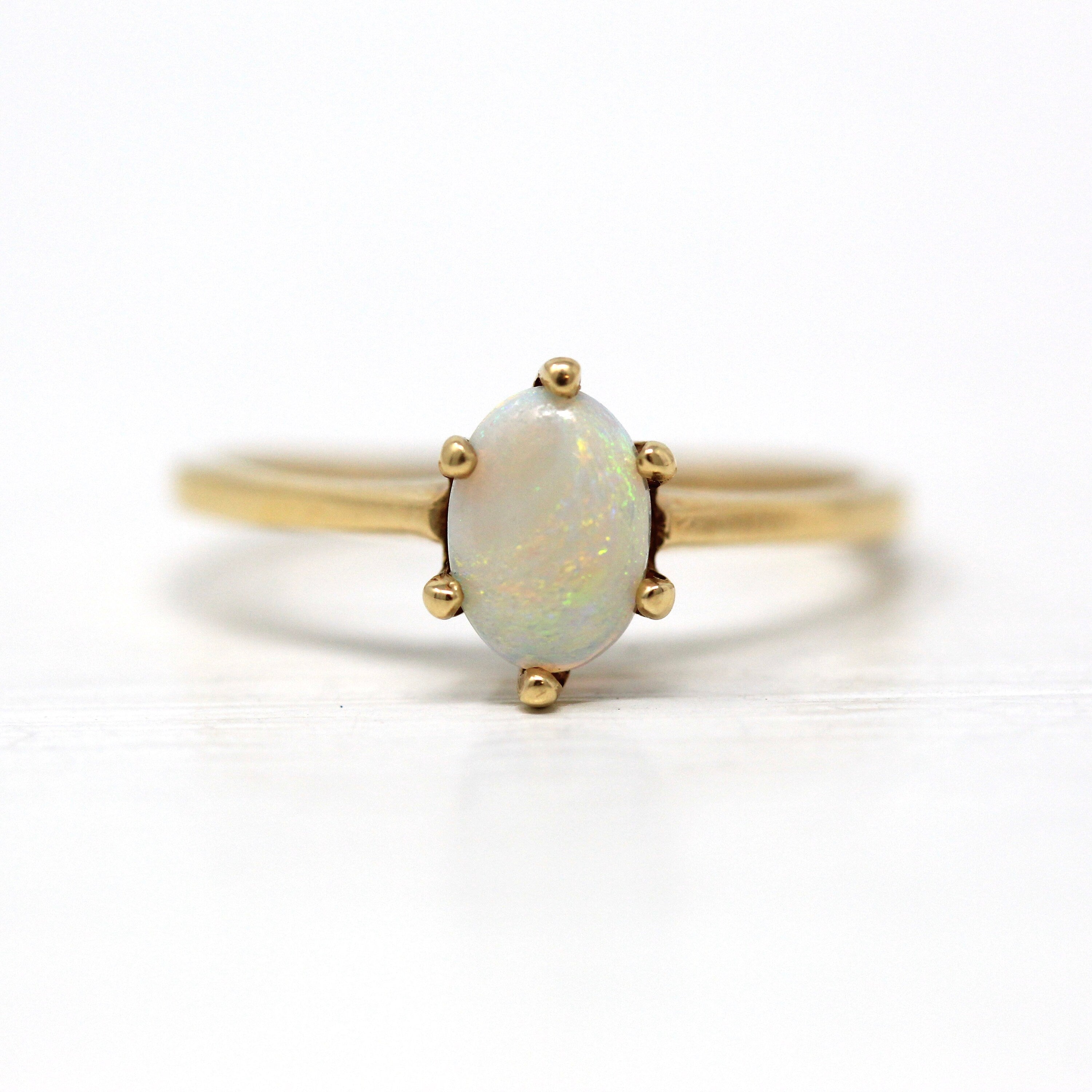 Sale - Genuine Opal Ring - Modern 14k Yellow Gold Oval Cabochon Cut .40 CT Gem - Estate Circa 1990s Size 6 1/4 October Birthstone Jewelry