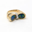 Sale - Opal Triplet Ring - Estate 14k Yellow Gold Oval Bezel Set Blue Gems Statement - Modern Size 5.5 Bow Ribbon Motif Diamond Fine Jewelry