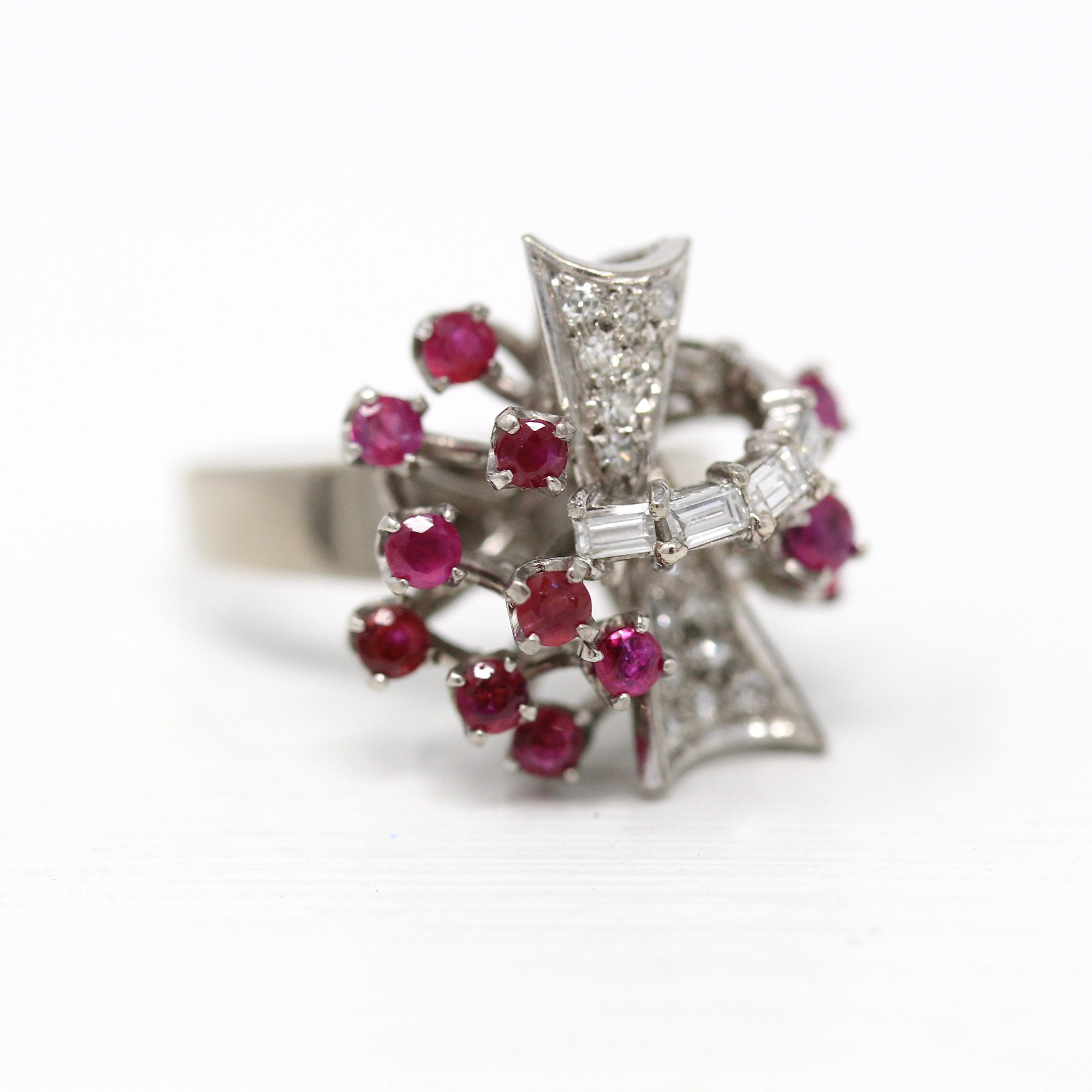 Sale - Mid Century Ring - Vintage 18k White Gold Genuine .96 CTW Rubies - Circa 1950s Size 7 Genuine .61 CTW Diamonds Bow Cocktail Jewelry