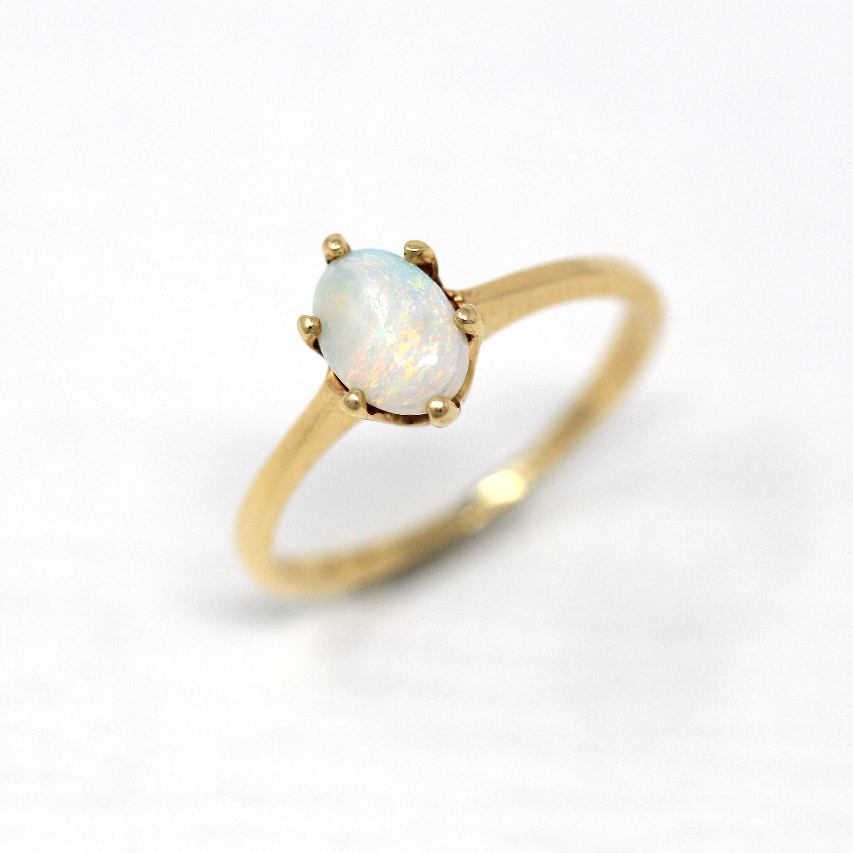 Sale - Genuine Opal Ring - Modern 14k Yellow Gold Oval Cabochon Cut .40 CT Gem - Estate Circa 1990s Size 6 1/4 October Birthstone Jewelry