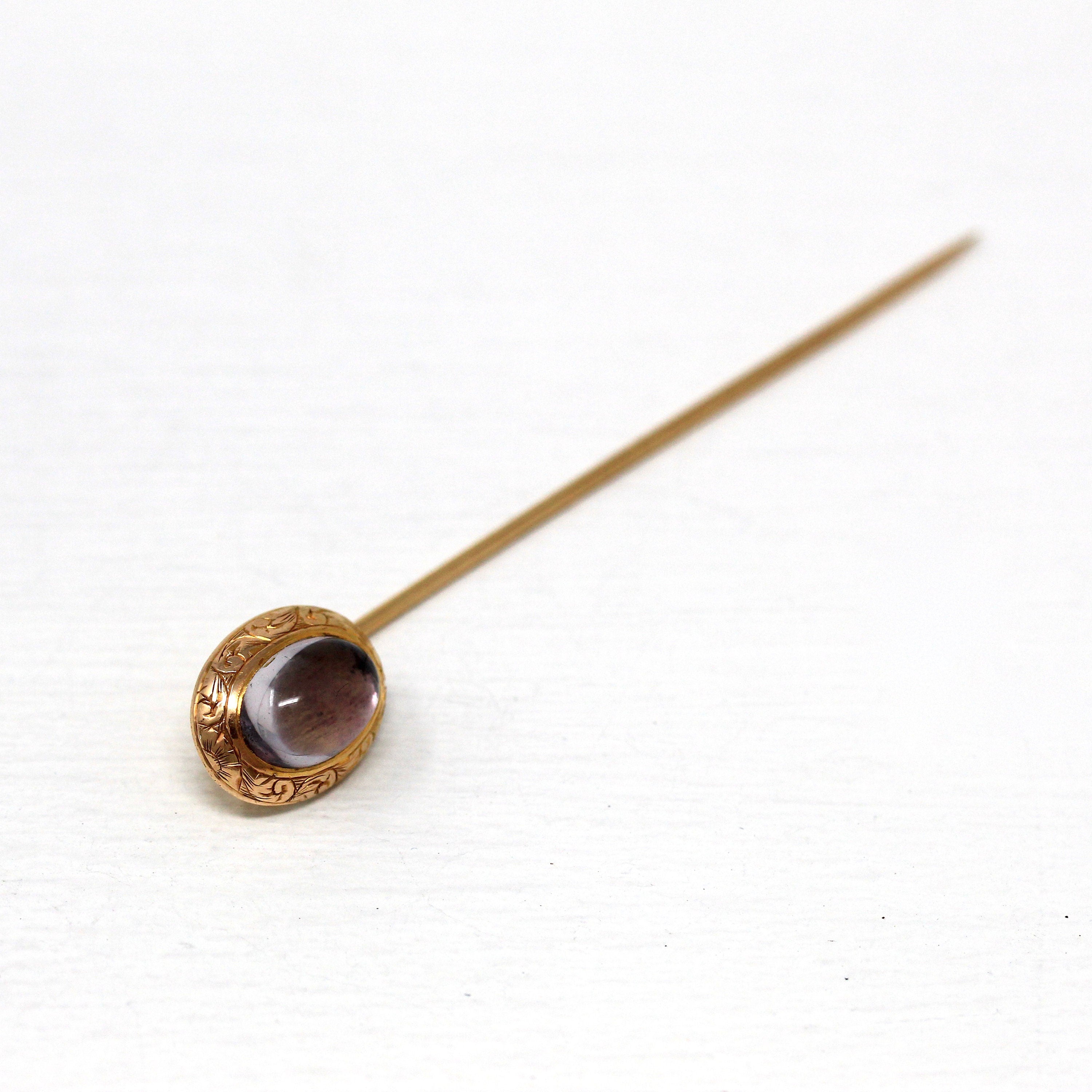 Sale - Antique Stick Pin - Edwardian 14k Yellow Gold Genuine Foiled Back Amethyst Purple Gem - Circa 1910s Era Fashion Accessory Jewelry