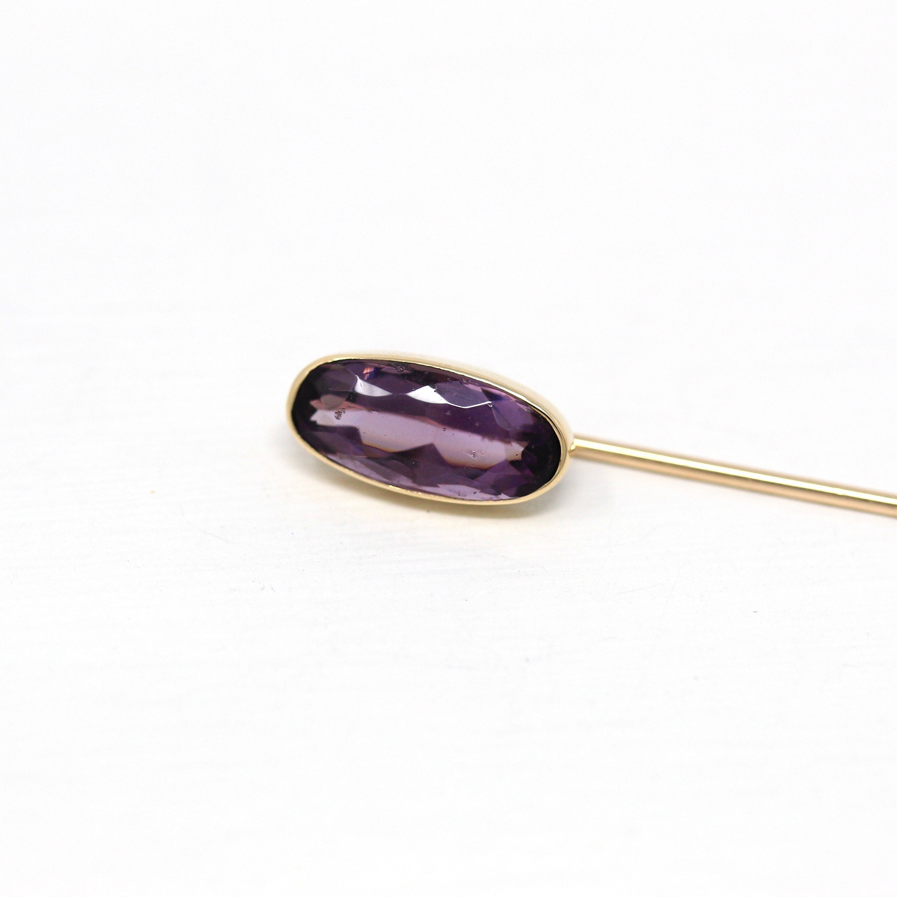 Sale - Antique Stick Pin - Edwardian 10k Yellow Gold Oval Faceted Simulated Amethyst Glass Stone - Circa 1910s Era Fashion Accessory Jewelry