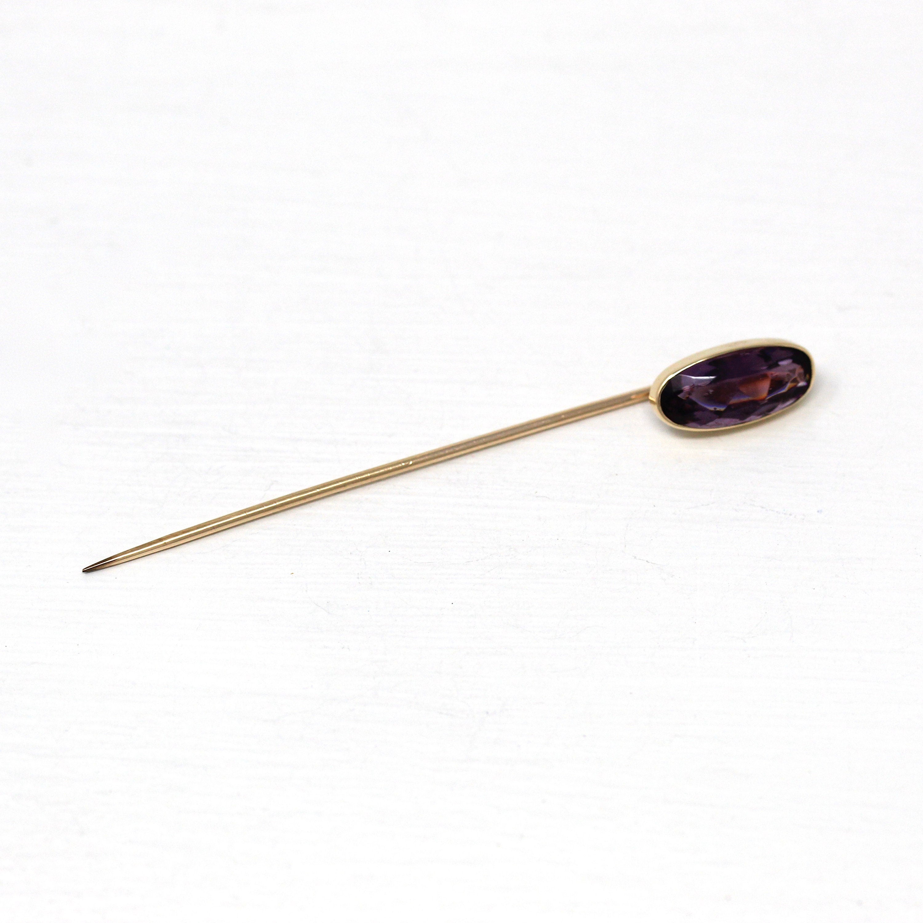 Sale - Antique Stick Pin - Edwardian 10k Yellow Gold Oval Faceted Simulated Amethyst Glass Stone - Circa 1910s Era Fashion Accessory Jewelry