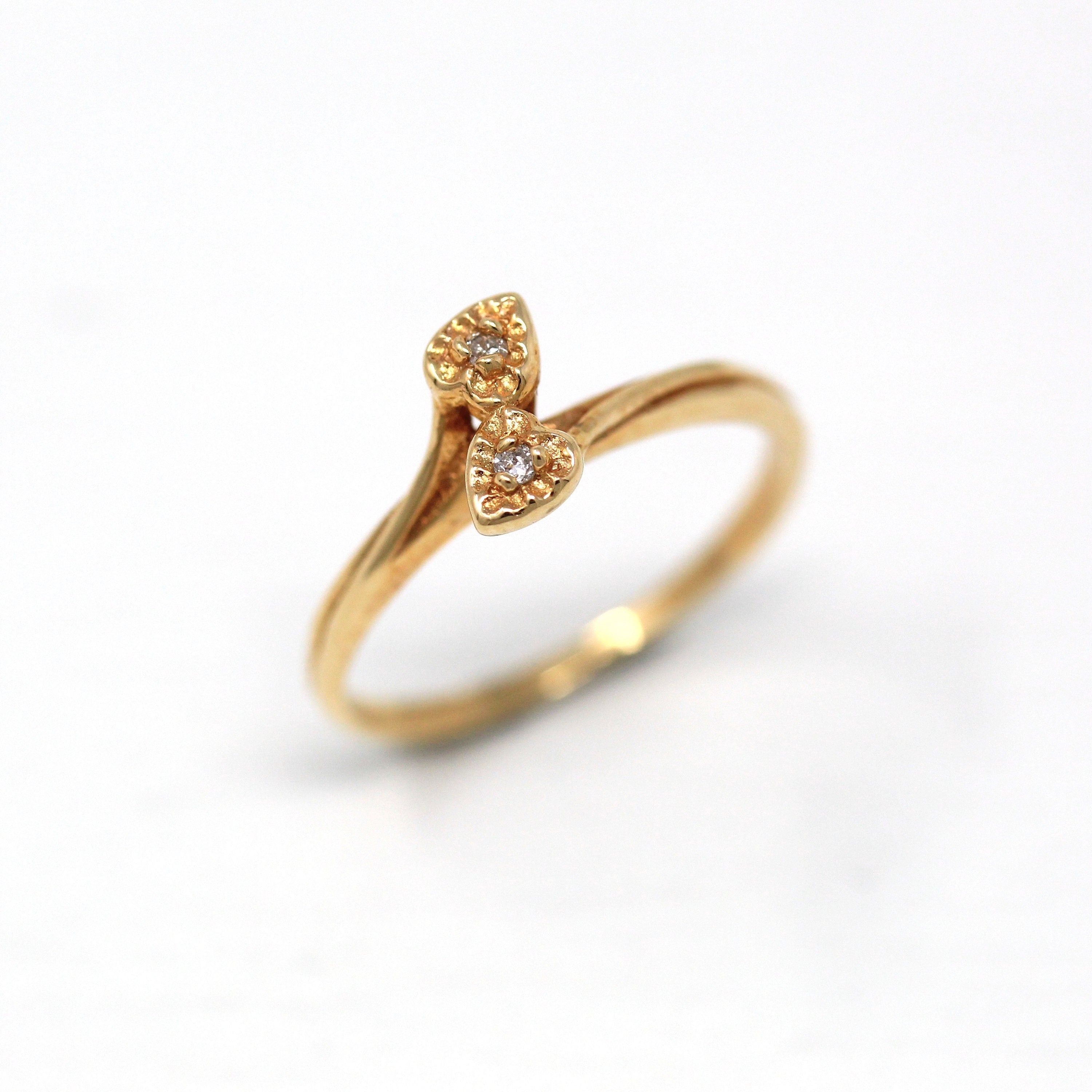 Sale - Diamond Heart Ring - Retro 14k Yellow Gold Bypass Style .02 CTW Gem - Vintage Circa 1970s Era Size 6 1/2 April Birthstone 70s Jewelry