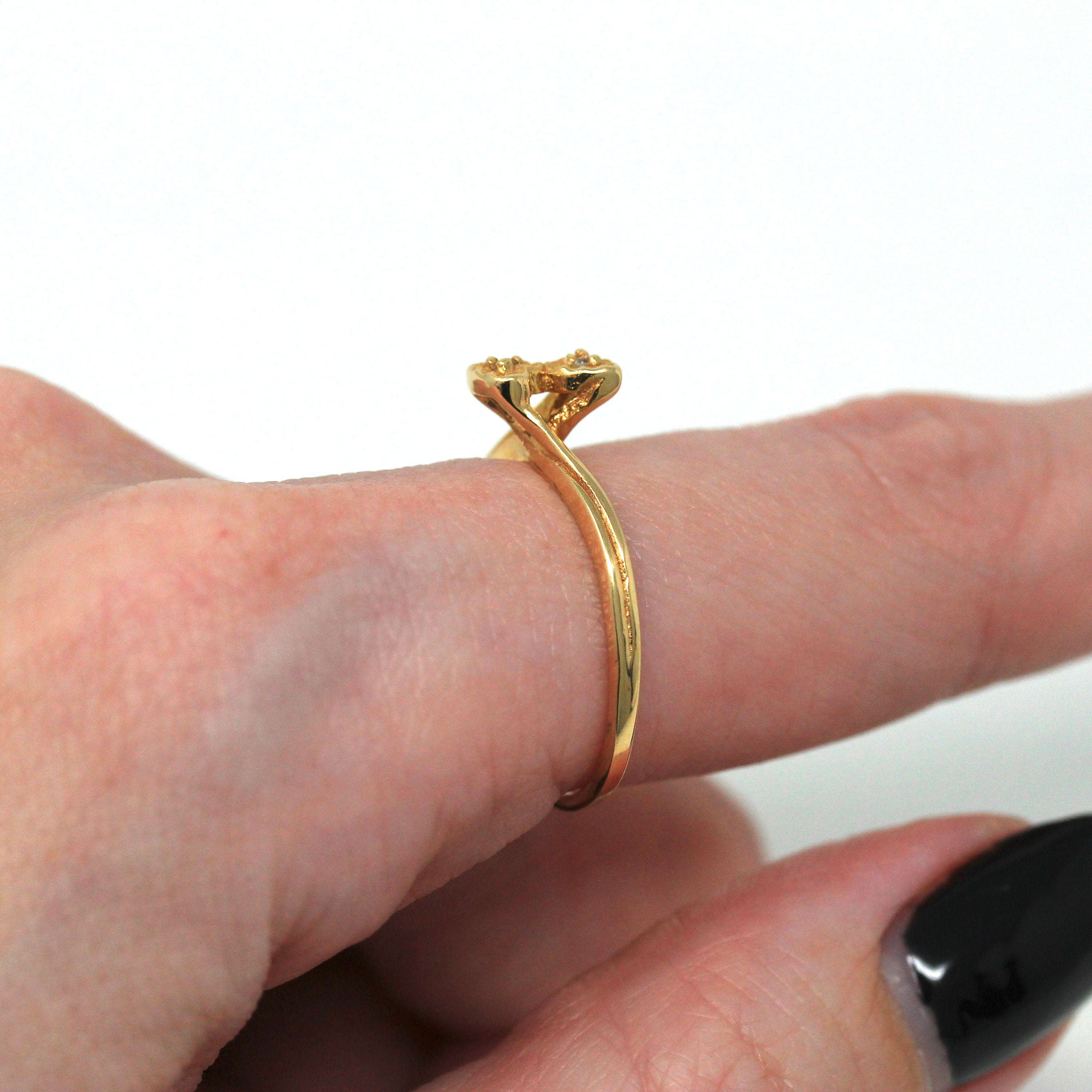 Sale - Diamond Heart Ring - Retro 14k Yellow Gold Bypass Style .02 CTW Gem - Vintage Circa 1970s Era Size 6 1/2 April Birthstone 70s Jewelry