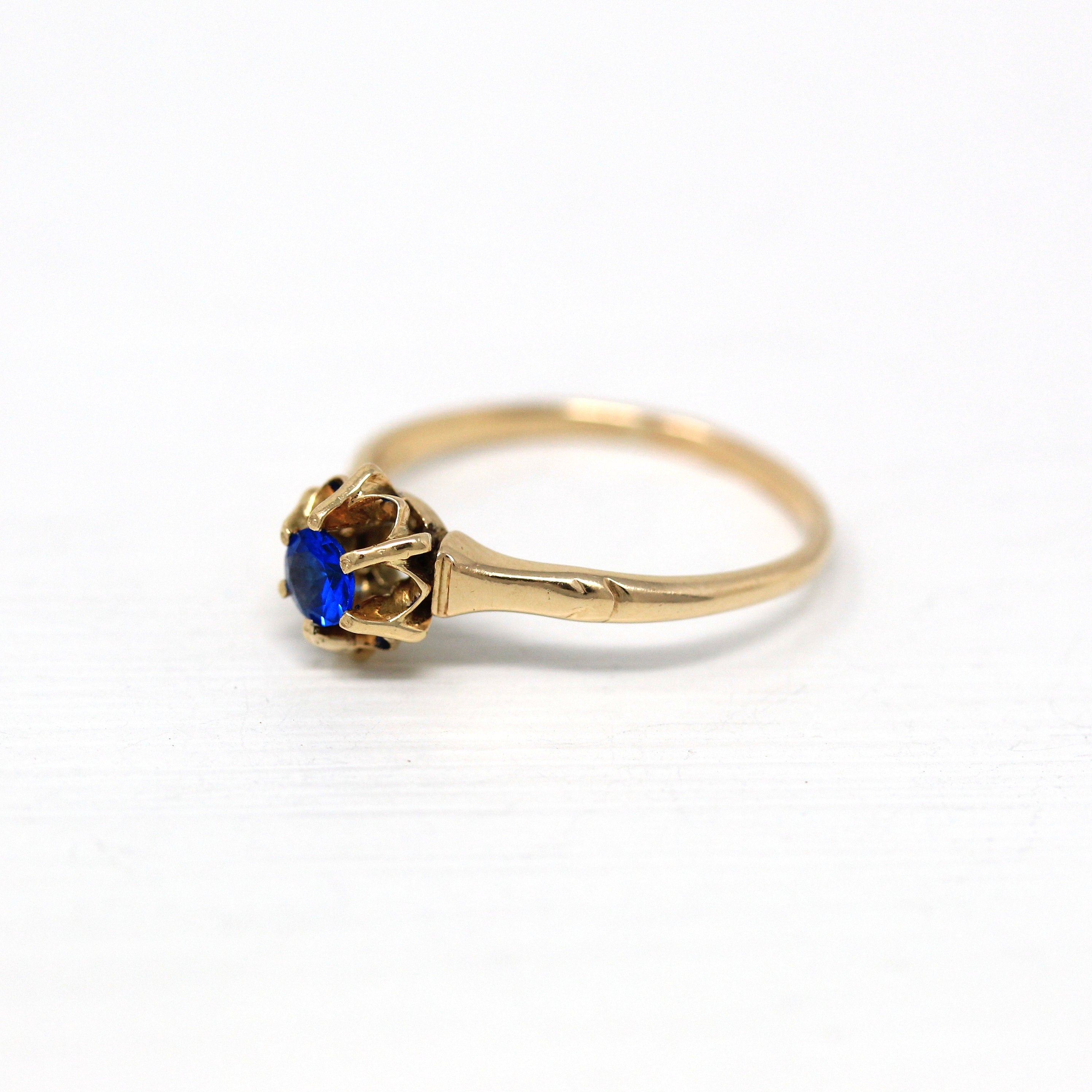 Sale - Created Spinel Ring - Retro 14k Yellow Gold Round Faceted .19 CT Blue Stone - Vintage Circa 1960s Era Size 5 3/4 Solitaire Jewelry