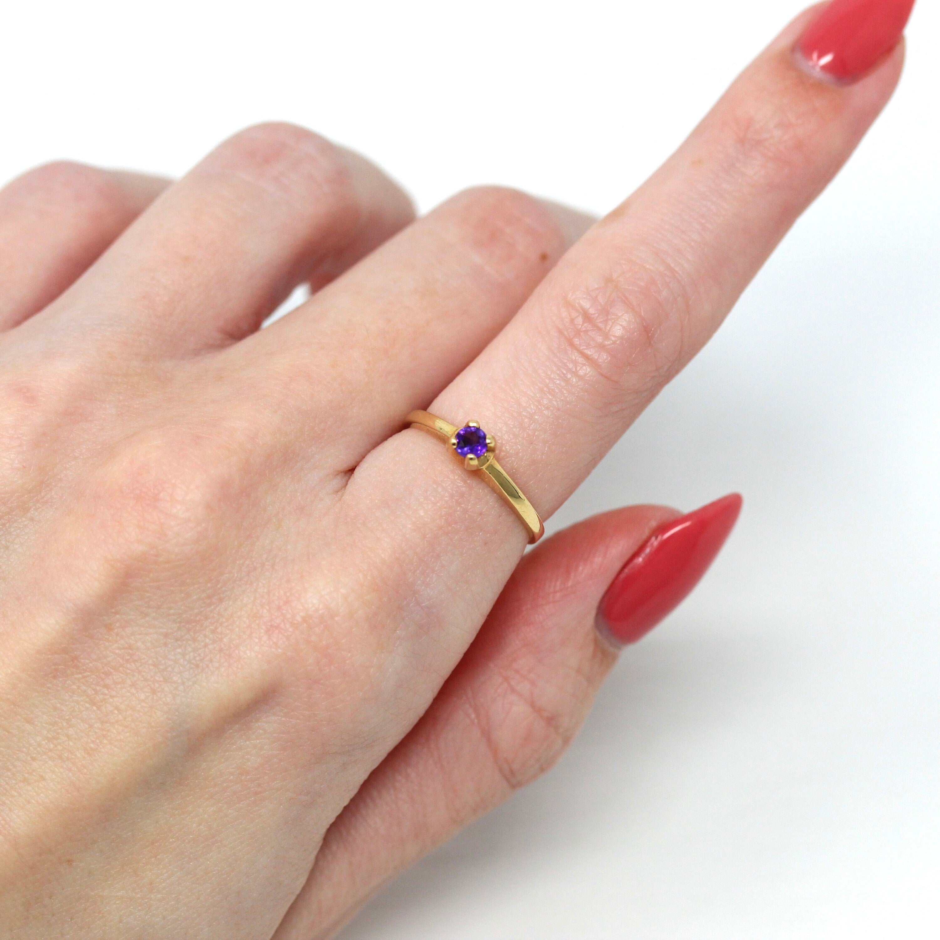 Sale - Genuine Amethyst Ring - Retro 14k Yellow Gold Round Faceted .12 CT Gem - Vintage Circa 1970s Size 5 1/2 February Birthstone Jewelry