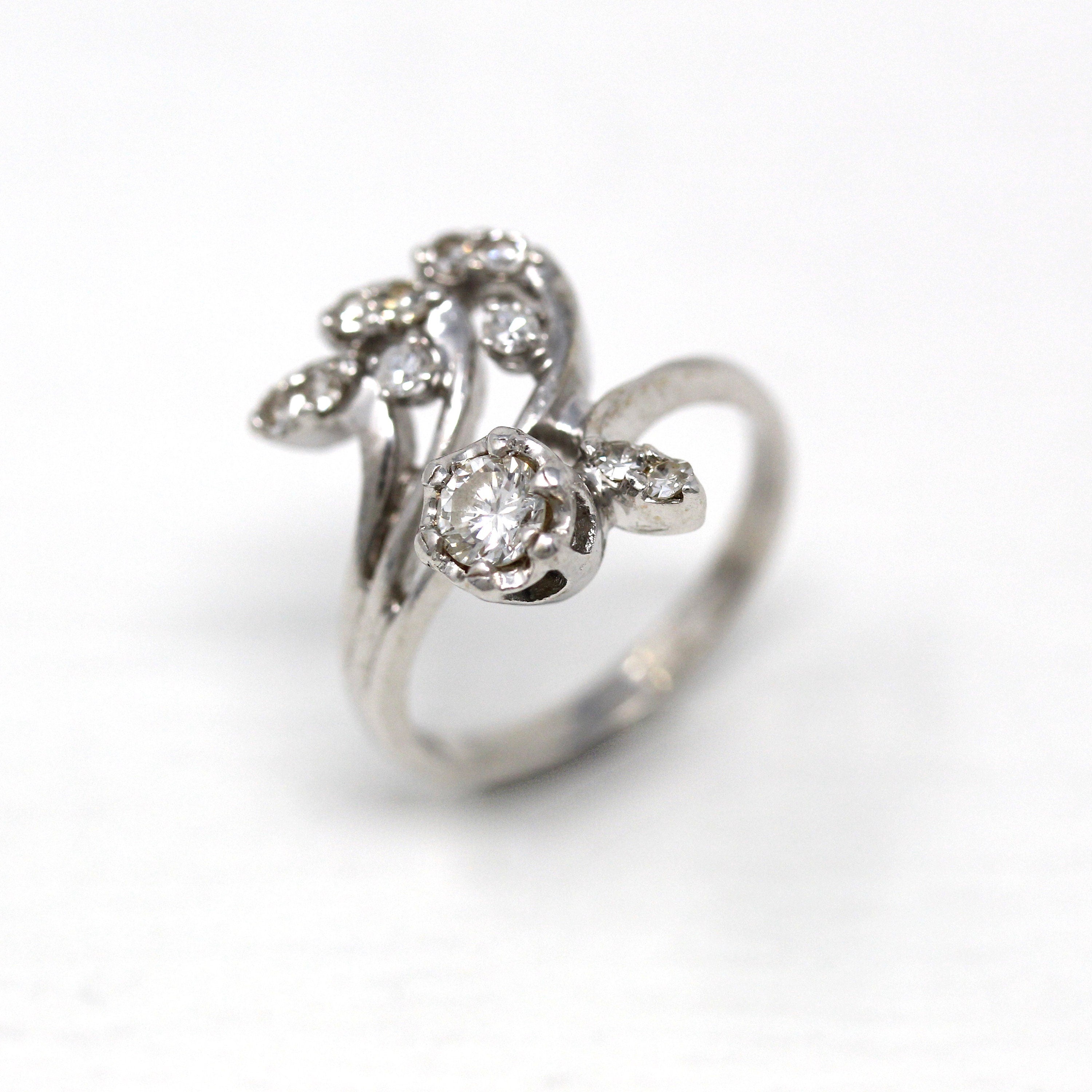 Sale Mid Century Ring Vintage 14K White Gold Genuine .55 CTW Diamonds Gems Circa 1950s Era Size 6 Cocktail Spray Style Fine Jewelry