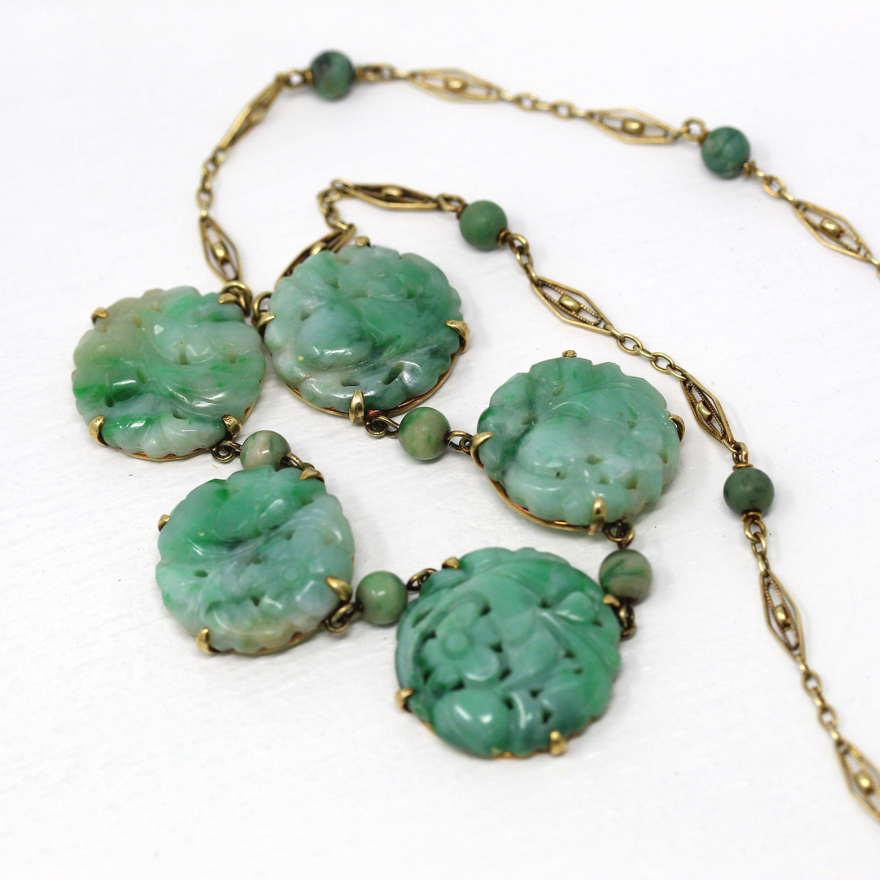 Sale Vintage Jade Necklace Art Deco 14k 18k Yellow Gold Genuine MJV