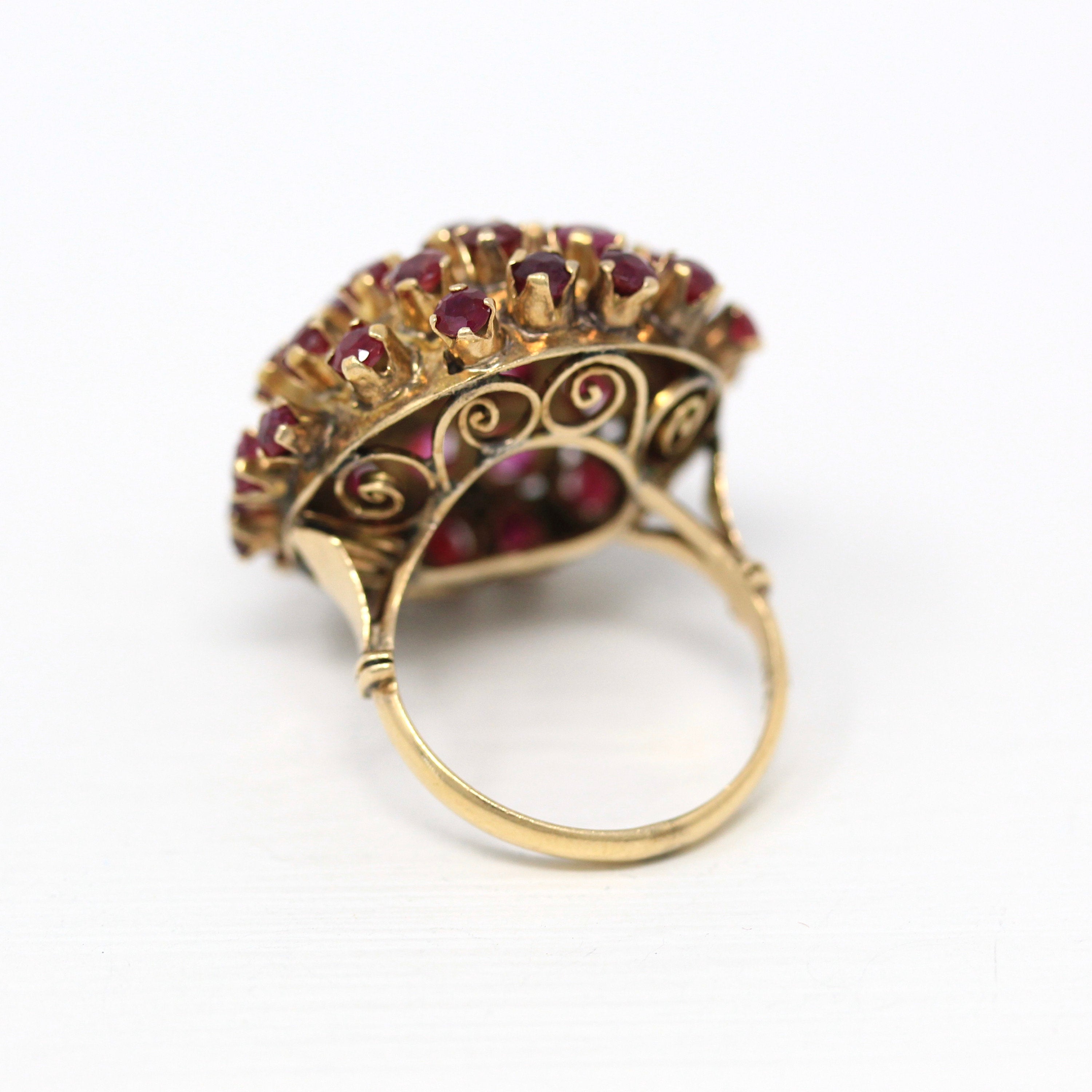 Sale - Genuine Ruby Ring - Retro 14k Yellow Gold Multi Cluster Round Faceted Gems - Vintage Circa 1960s Era Size 5 3/4 Statement 60s Jewelry