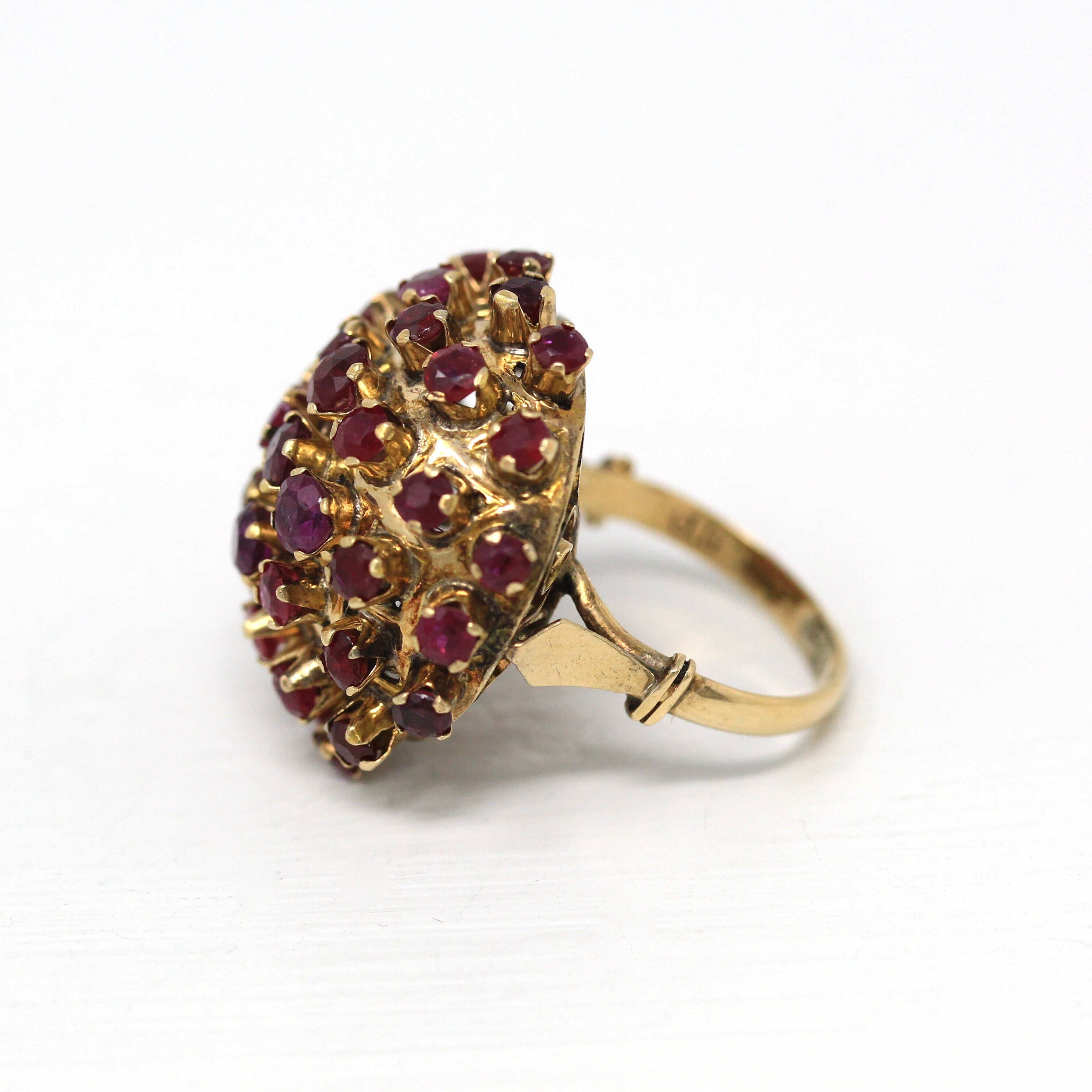 Sale - Genuine Ruby Ring - Retro 14k Yellow Gold Multi Cluster Round Faceted Gems - Vintage Circa 1960s Era Size 5 3/4 Statement 60s Jewelry