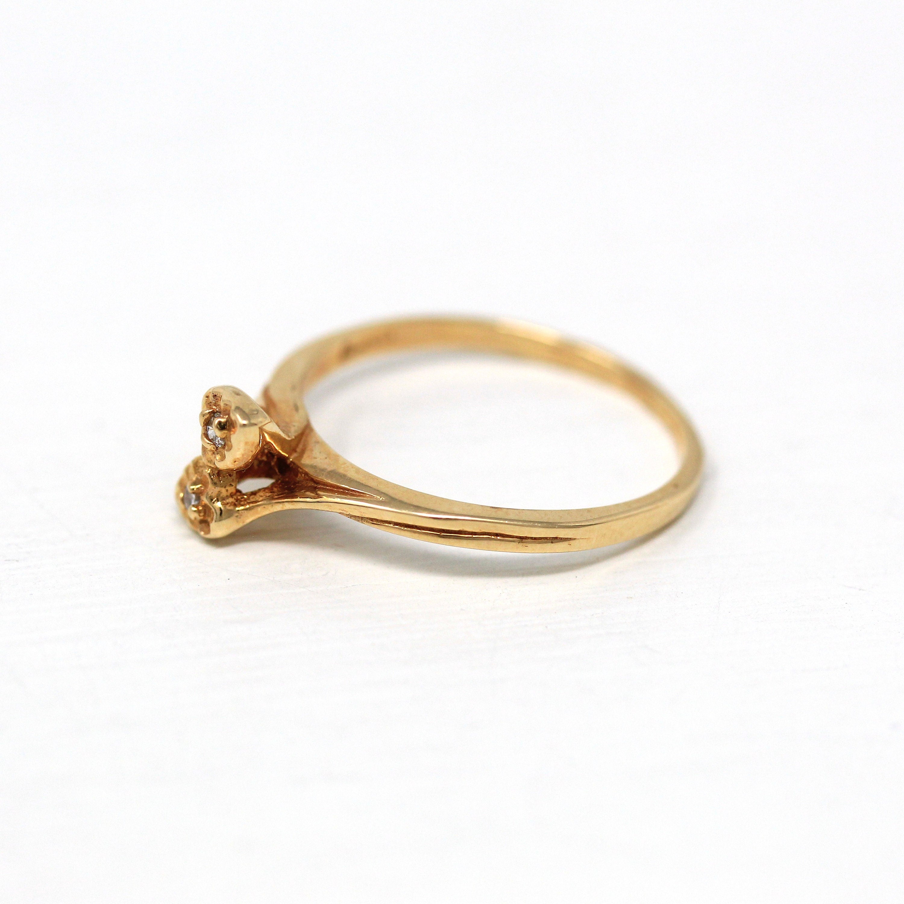 Sale - Diamond Heart Ring - Retro 14k Yellow Gold Bypass Style .02 CTW Gem - Vintage Circa 1970s Era Size 6 1/2 April Birthstone 70s Jewelry