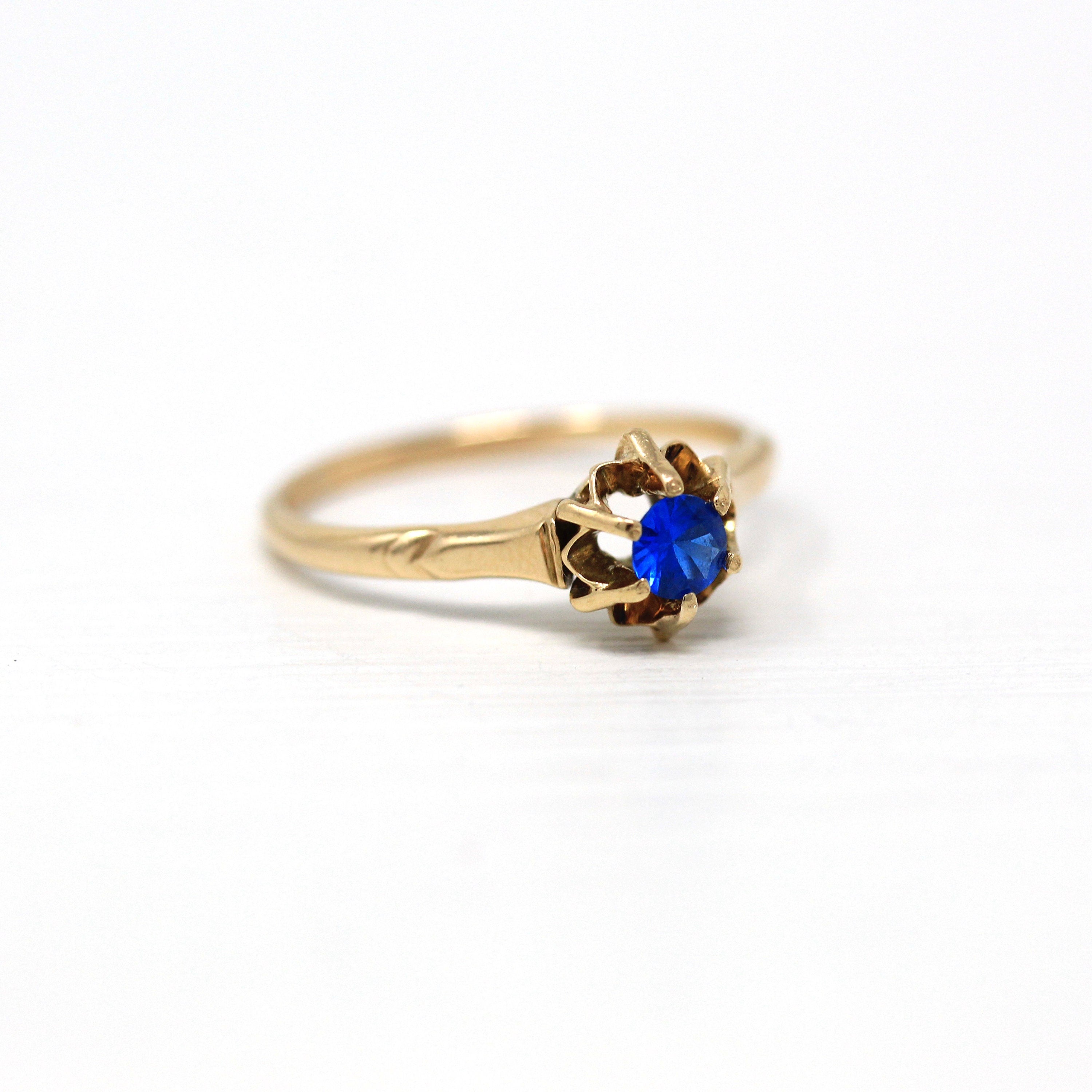 Sale - Created Spinel Ring - Retro 14k Yellow Gold Round Faceted .19 CT Blue Stone - Vintage Circa 1960s Era Size 5 3/4 Solitaire Jewelry