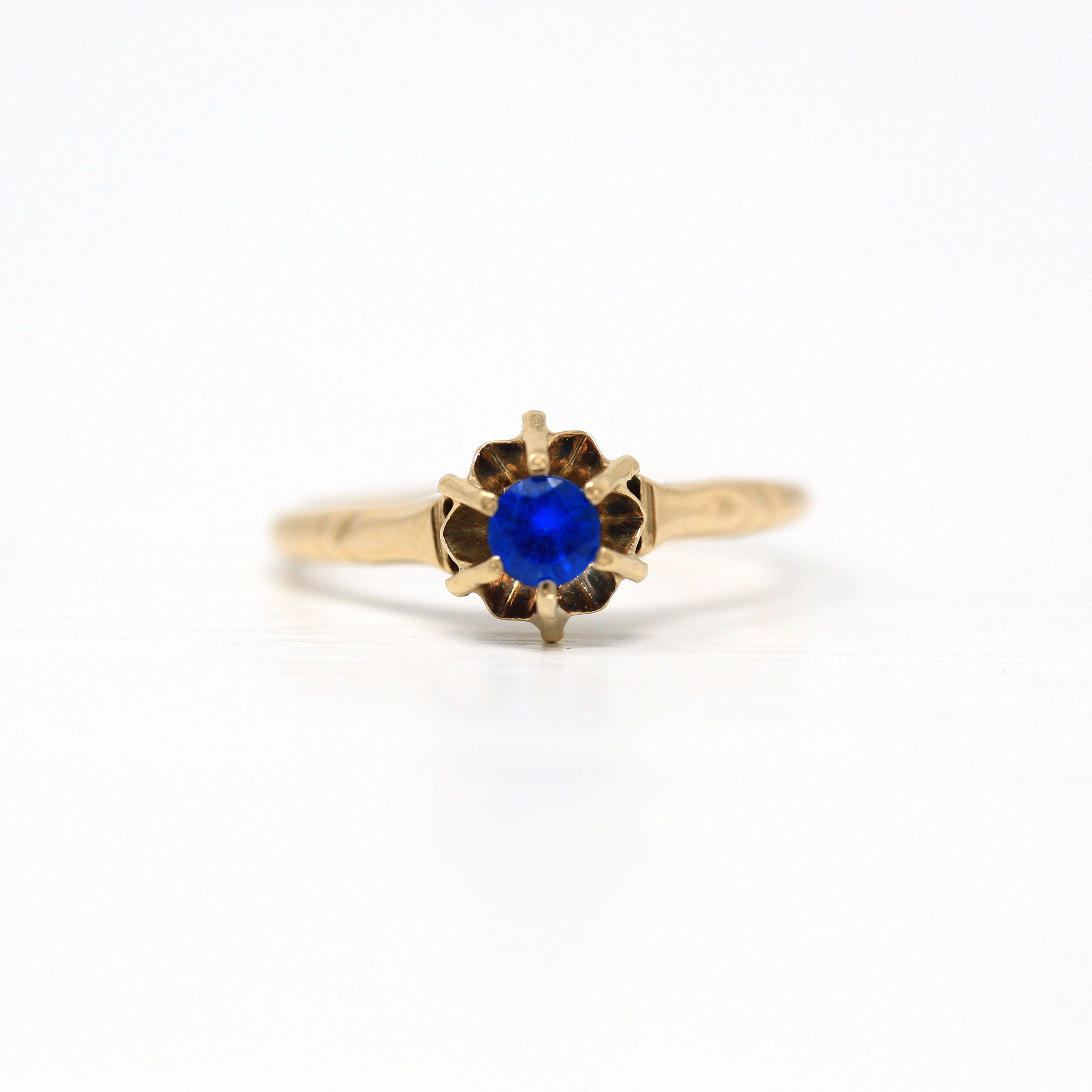 Sale - Created Spinel Ring - Retro 14k Yellow Gold Round Faceted .19 CT Blue Stone - Vintage Circa 1960s Era Size 5 3/4 Solitaire Jewelry