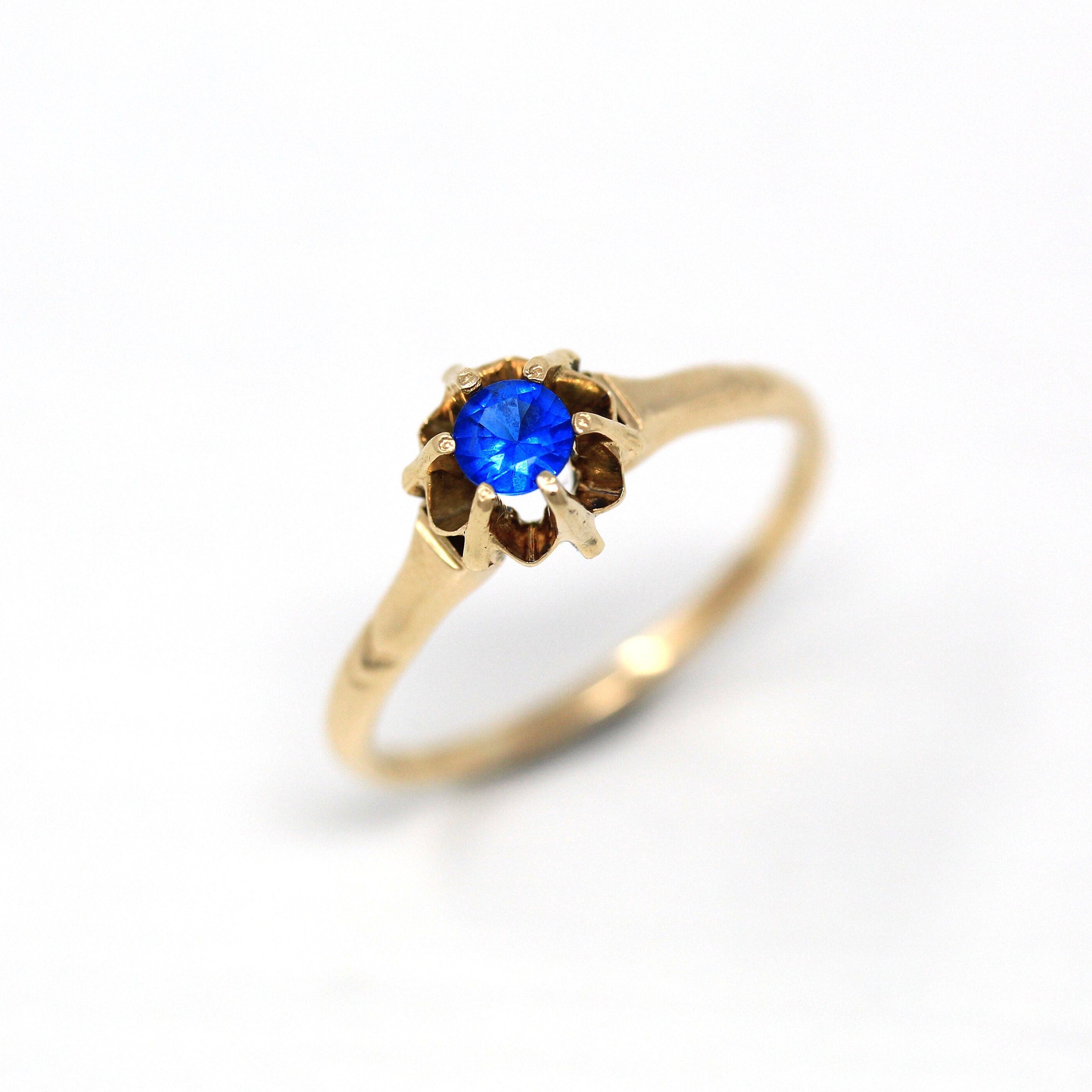 Sale - Created Spinel Ring - Retro 14k Yellow Gold Round Faceted .19 CT Blue Stone - Vintage Circa 1960s Era Size 5 3/4 Solitaire Jewelry