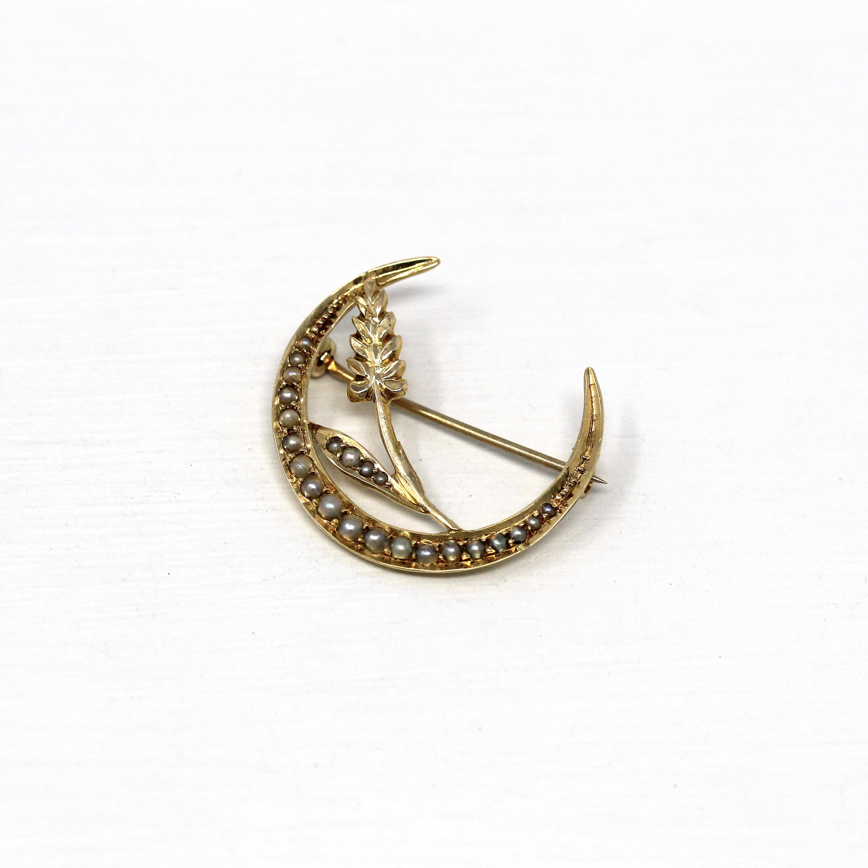 Antique 14K solid gold Victorian pin brooch seed Pearl 2024 crescent moon stamped