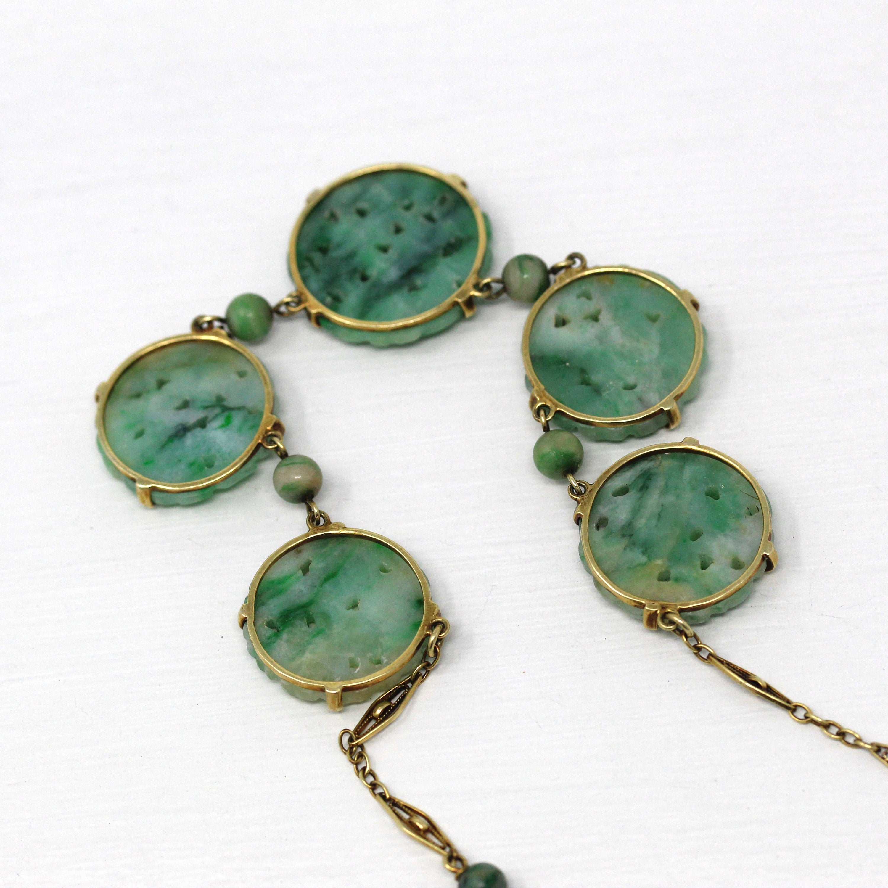 Sale - Vintage Jade Necklace - Art Deco 14k & 18k Yellow Gold Genuine Carved Jadeite Jade - 1920s Green Gemstone Filigree Jewelry w/ Report