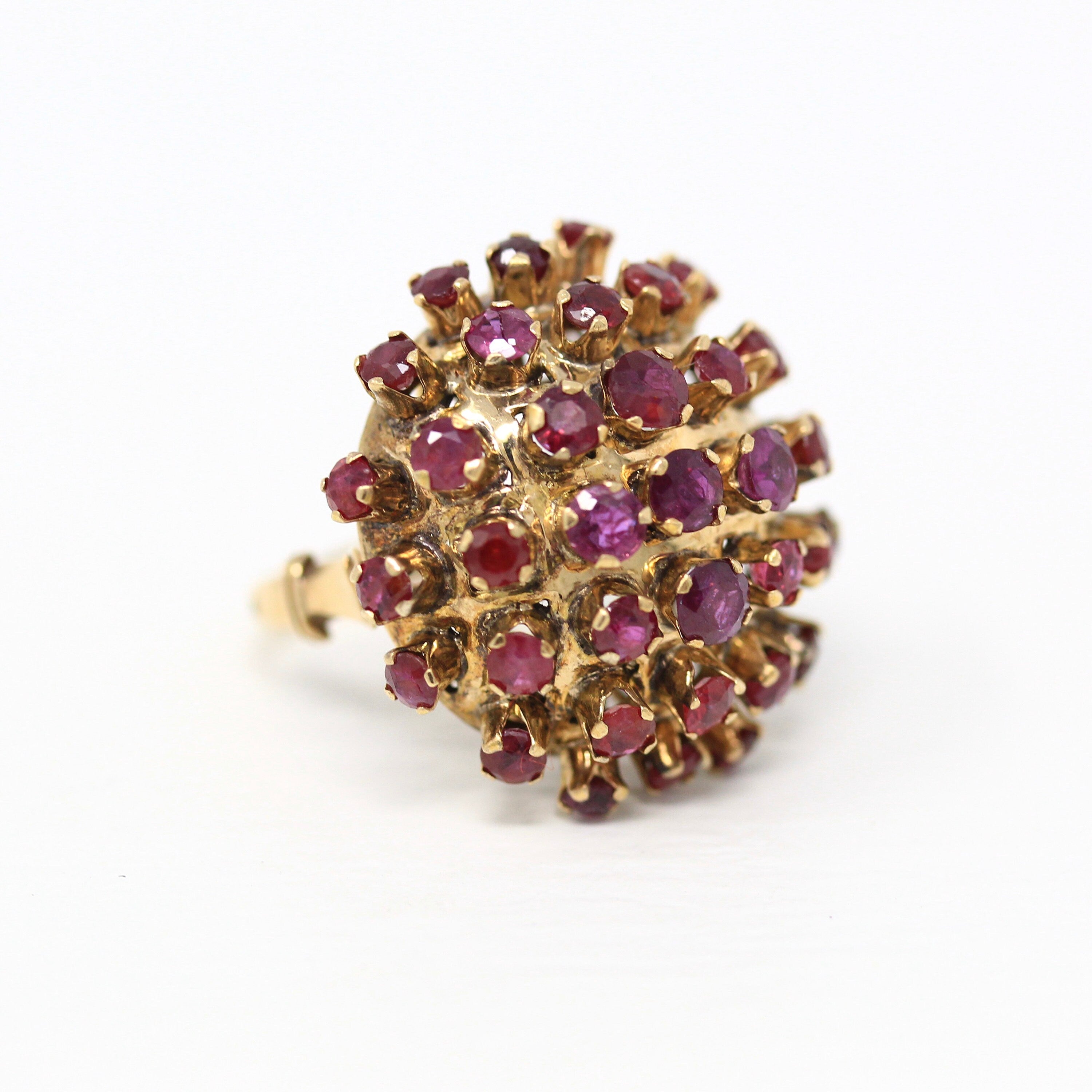 Sale - Genuine Ruby Ring - Retro 14k Yellow Gold Multi Cluster Round Faceted Gems - Vintage Circa 1960s Era Size 5 3/4 Statement 60s Jewelry