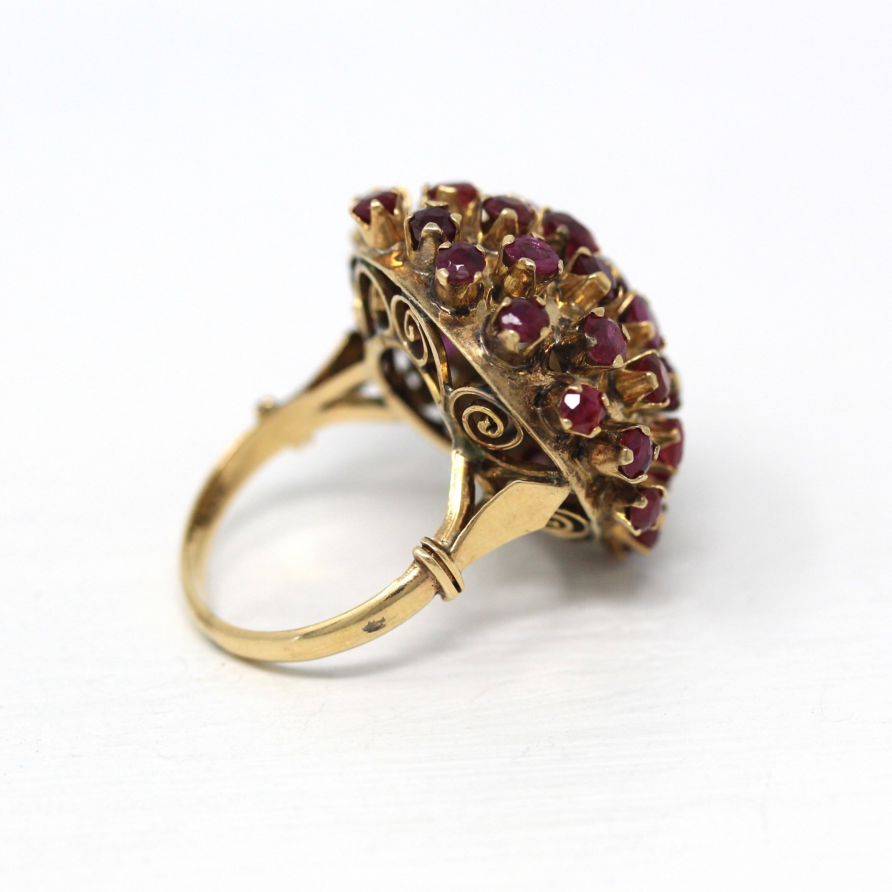 Sale - Genuine Ruby Ring - Retro 14k Yellow Gold Multi Cluster Round Faceted Gems - Vintage Circa 1960s Era Size 5 3/4 Statement 60s Jewelry