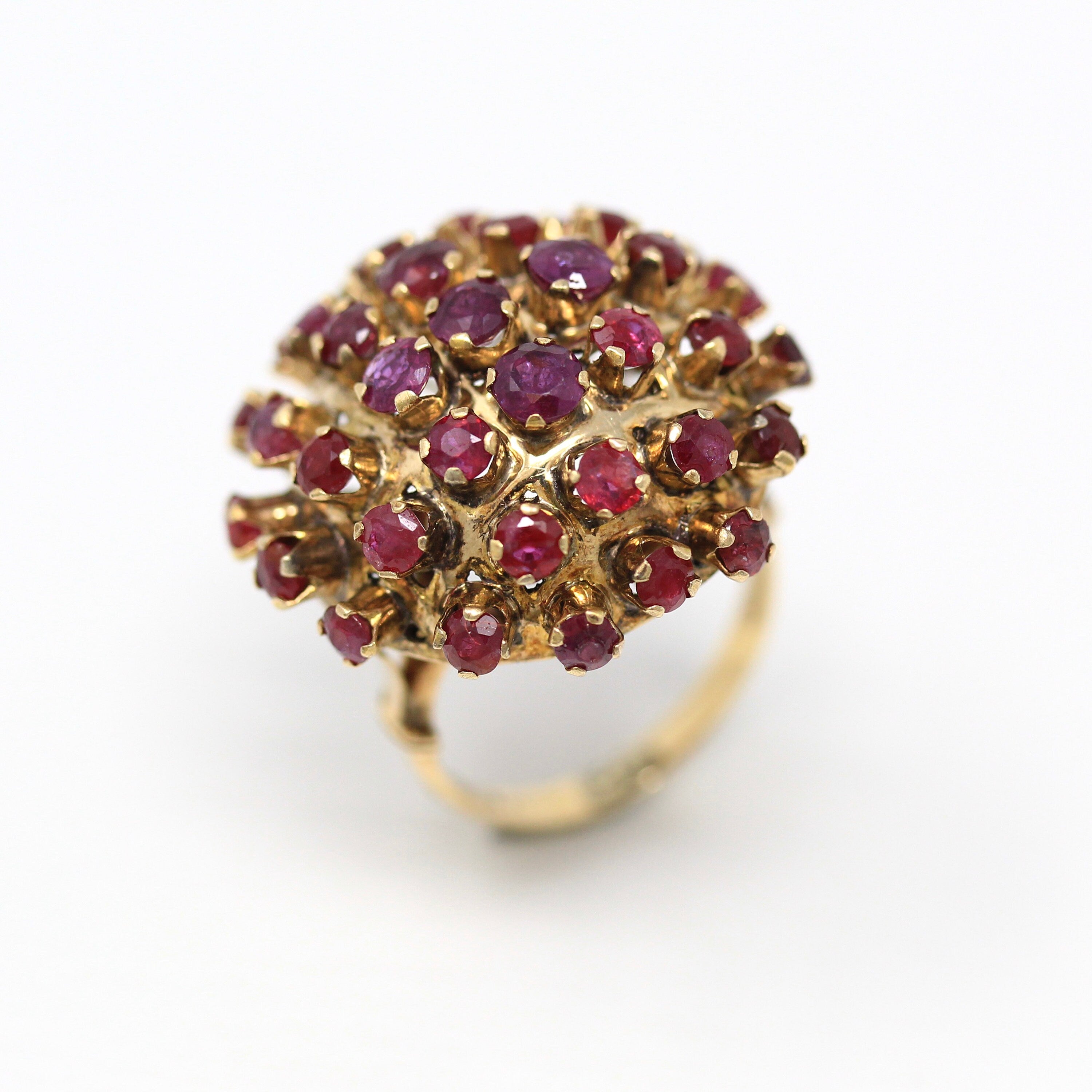 Sale - Genuine Ruby Ring - Retro 14k Yellow Gold Multi Cluster Round Faceted Gems - Vintage Circa 1960s Era Size 5 3/4 Statement 60s Jewelry