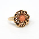 Sale - Genuine Coral Ring - Retro 10k Yellow Gold Cabochon Cut Organic Gem - Vintage Circa 1970s Size 5 3/4 Statement Fine Flower Jewelry