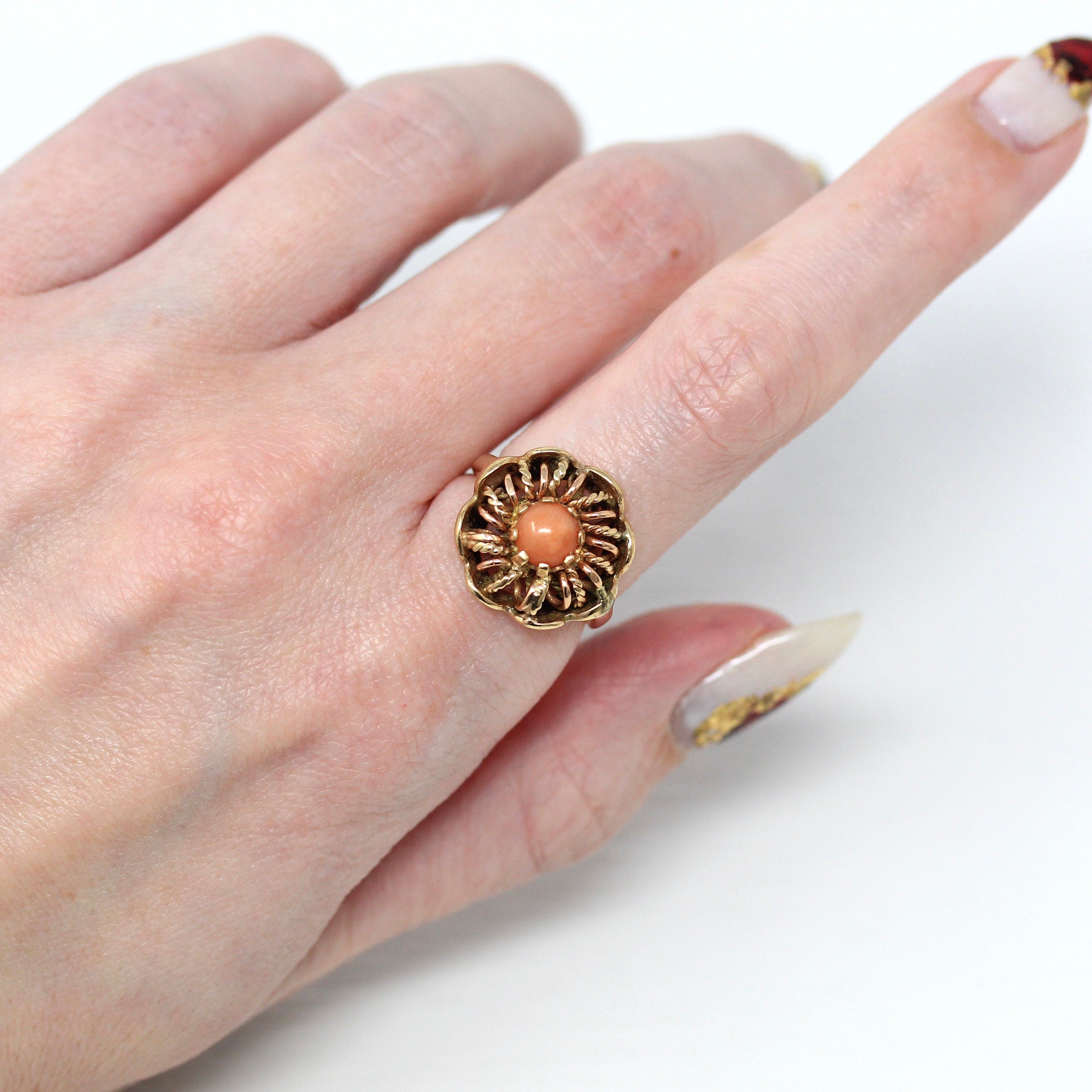 Sale - Genuine Coral Ring - Retro 10k Yellow Gold Cabochon Cut Organic Gem - Vintage Circa 1970s Size 5 3/4 Statement Fine Flower Jewelry