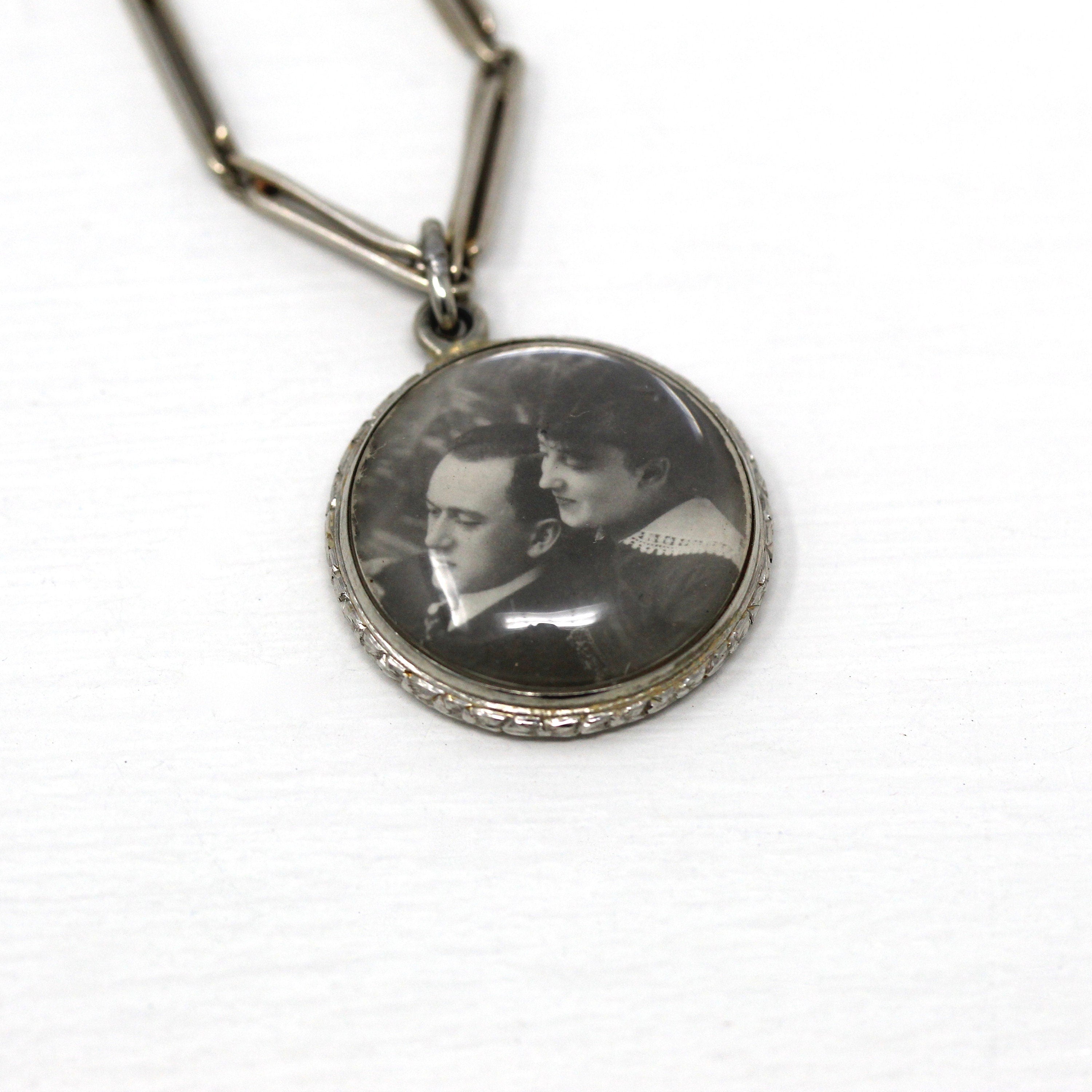 Sale Antique Photo Fob Art Deco Era 14K White Gold initials Mag photograph Keepsake Circa 1920s Choker Necklace Watch Chain Jewelry