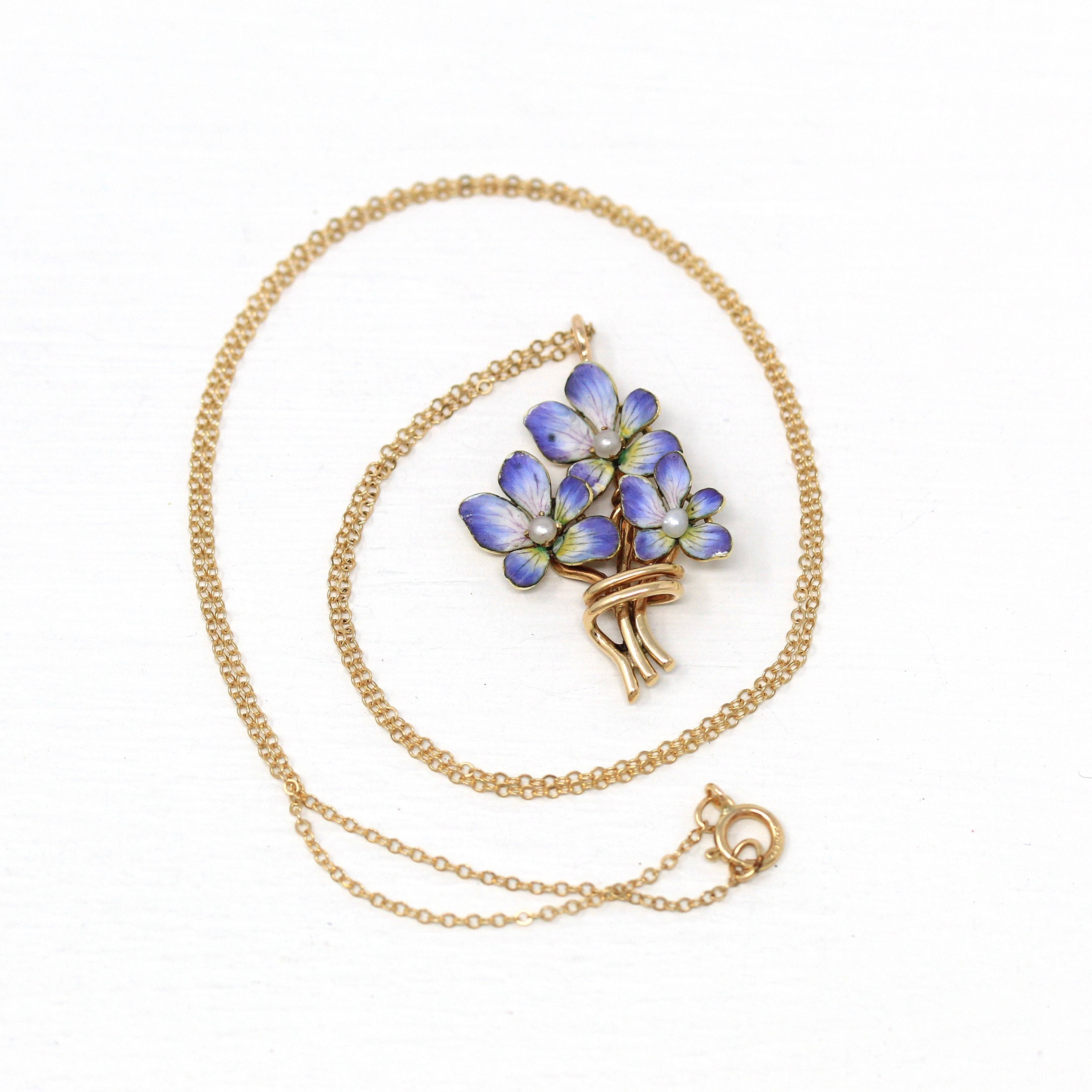 Sale Enamel Pansy Necklace Vintage 14k Yellow Gold Seed Pearl Pendant Charm Art Nouveau Style 1940s Purple White Flower Fine Jewelry