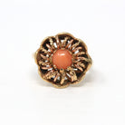 Sale - Genuine Coral Ring - Retro 10k Yellow Gold Cabochon Cut Organic Gem - Vintage Circa 1970s Size 5 3/4 Statement Fine Flower Jewelry