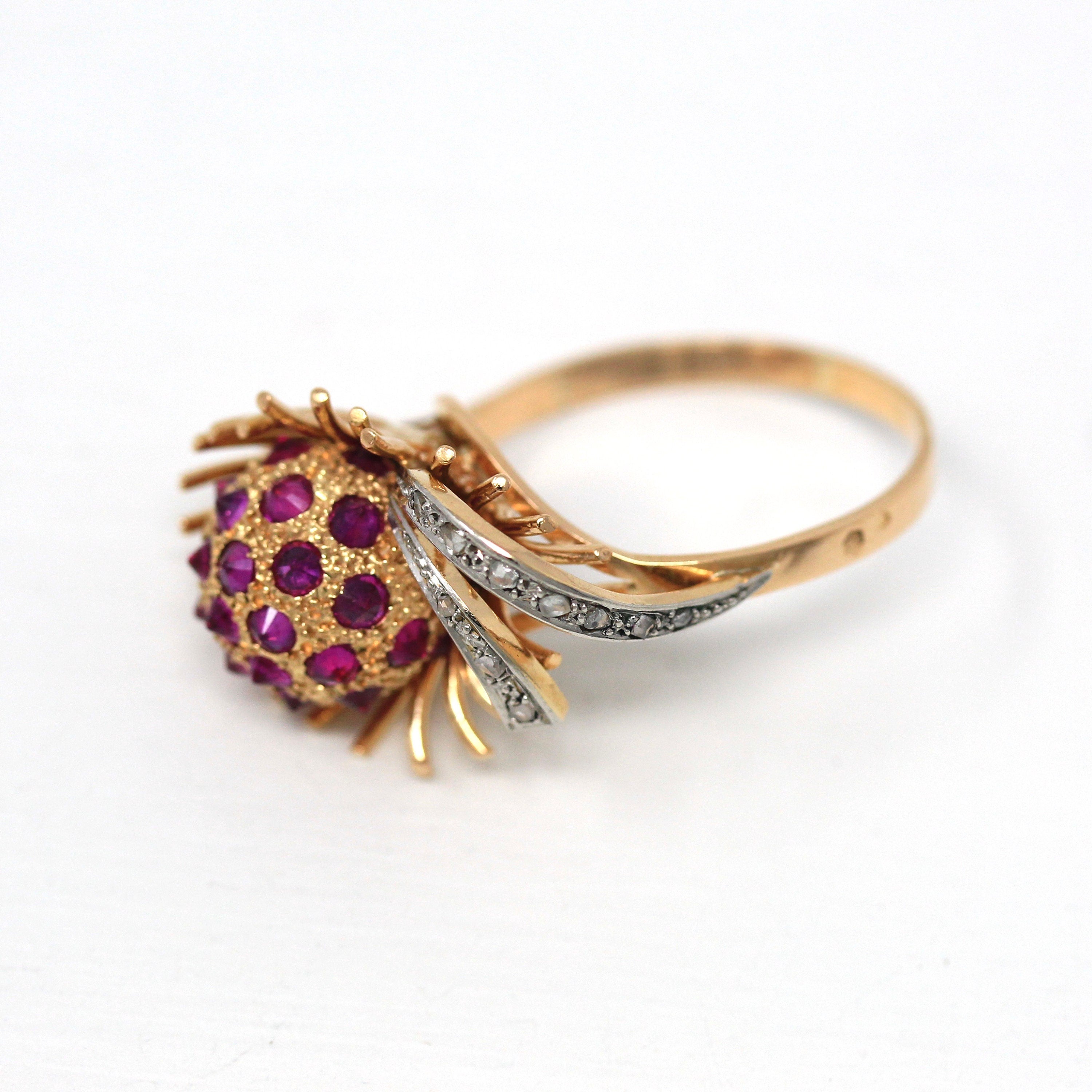 Sale - Vintage Flower Ring - Retro 18k Yellow Gold Reverse Set Created Rubies - Circa 1960s Size 11 Rose Cut Diamonds Cocktail Fine Jewelry