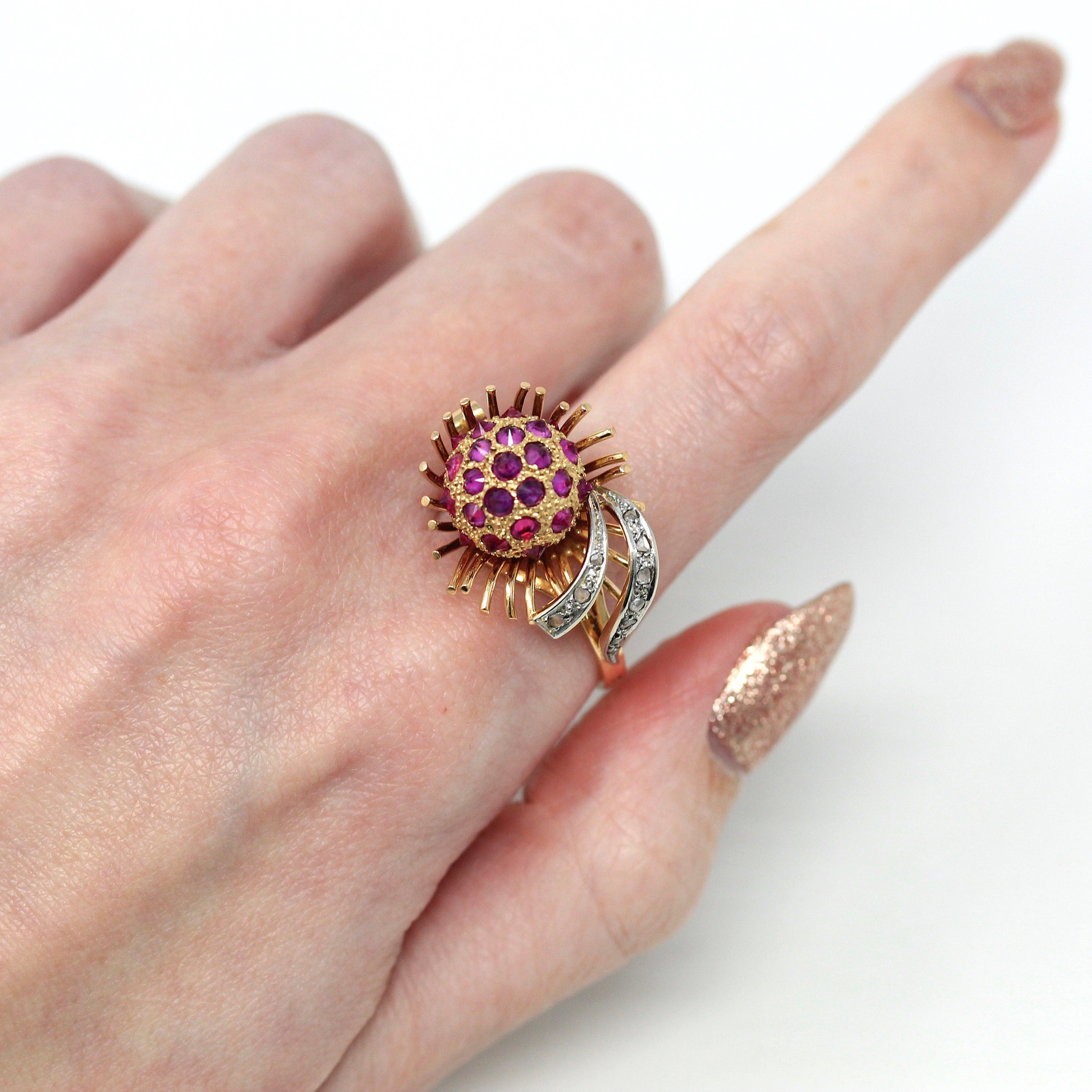 Sale - Vintage Flower Ring - Retro 18k Yellow Gold Reverse Set Created Rubies - Circa 1960s Size 11 Rose Cut Diamonds Cocktail Fine Jewelry