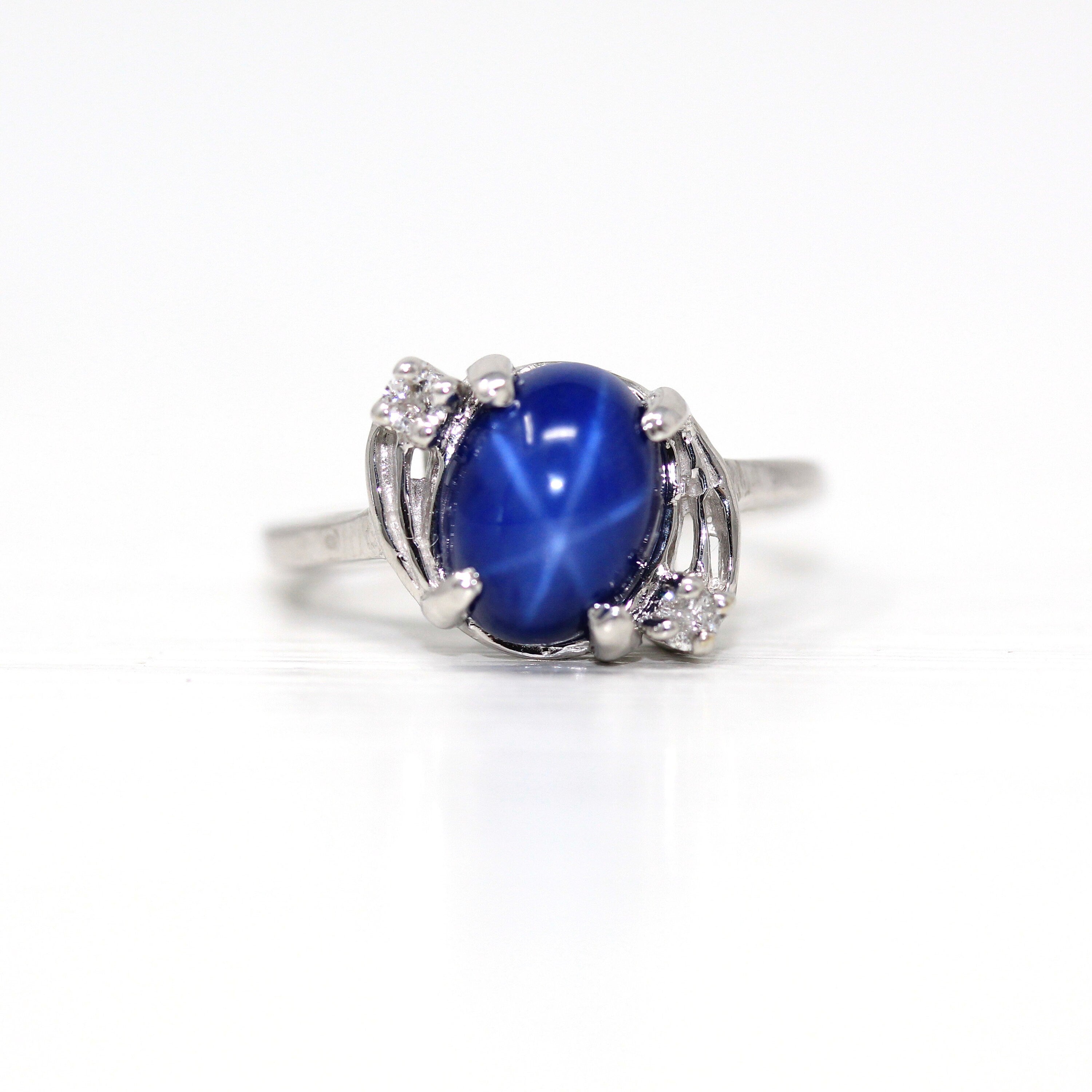 Sale Created Star Sapphire Ring Retro 14k White Gold Blue 2.06 CT MJV
