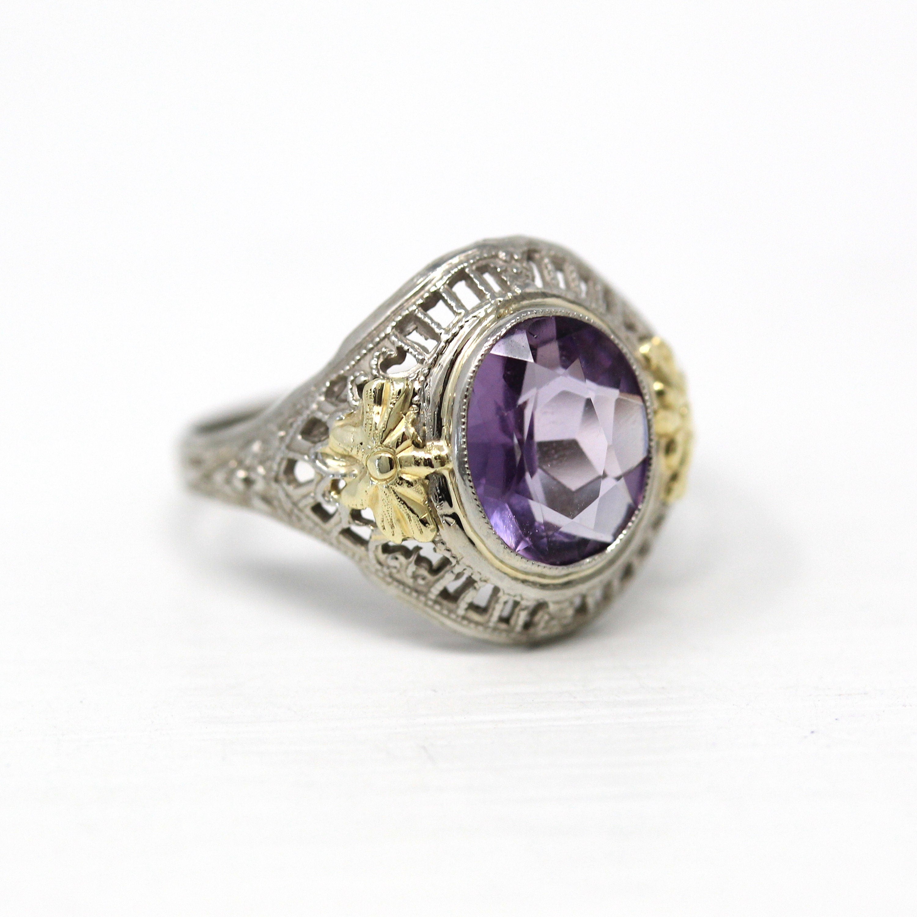 Sale - Amethyst Filigree Ring - Art Deco Era 14k White Gold Genuine 1.24 CT Purple Oval Gem - Circa 1930s Size 6 Statement February Jewelry