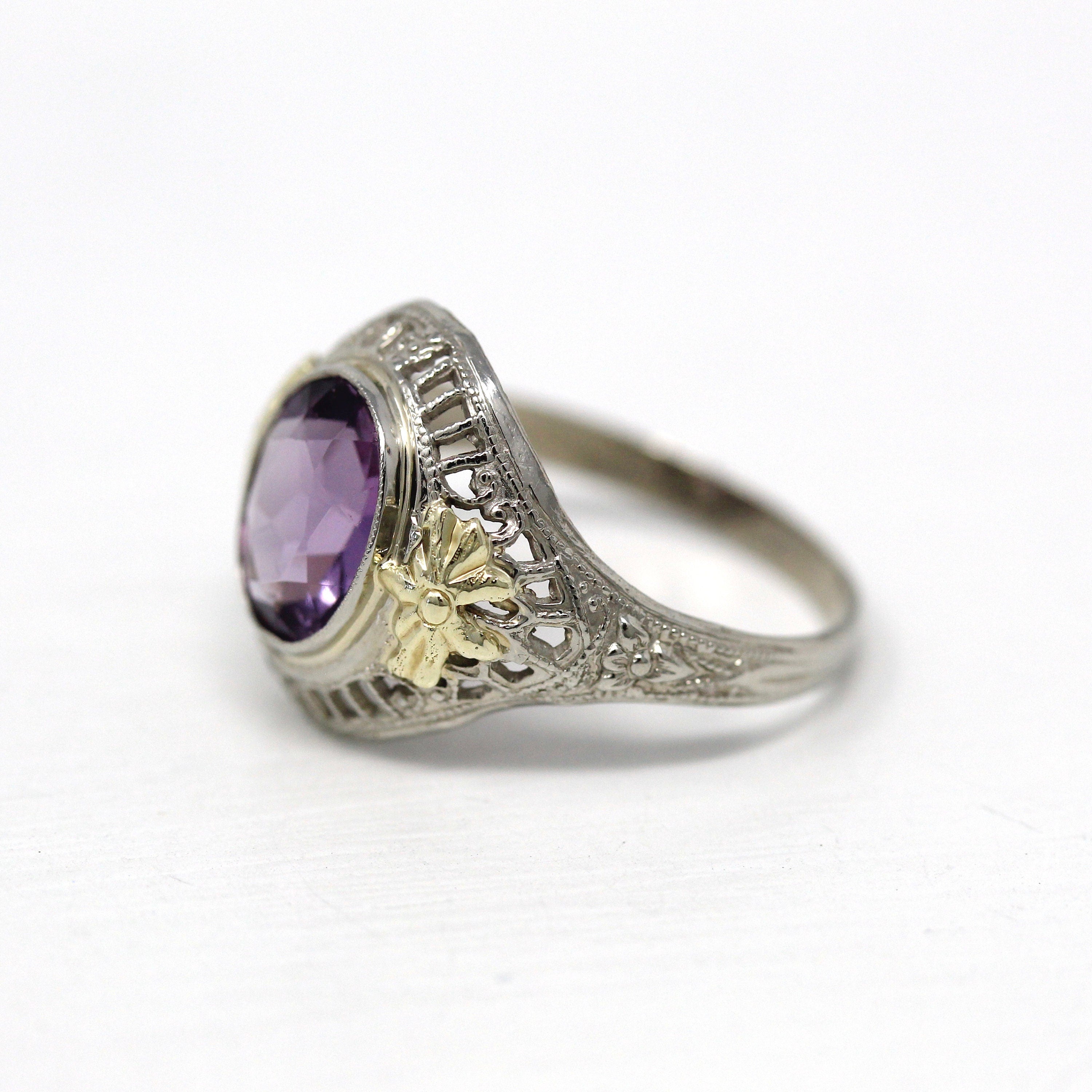 Sale - Amethyst Filigree Ring - Art Deco Era 14k White Gold Genuine 1.24 CT Purple Oval Gem - Circa 1930s Size 6 Statement February Jewelry