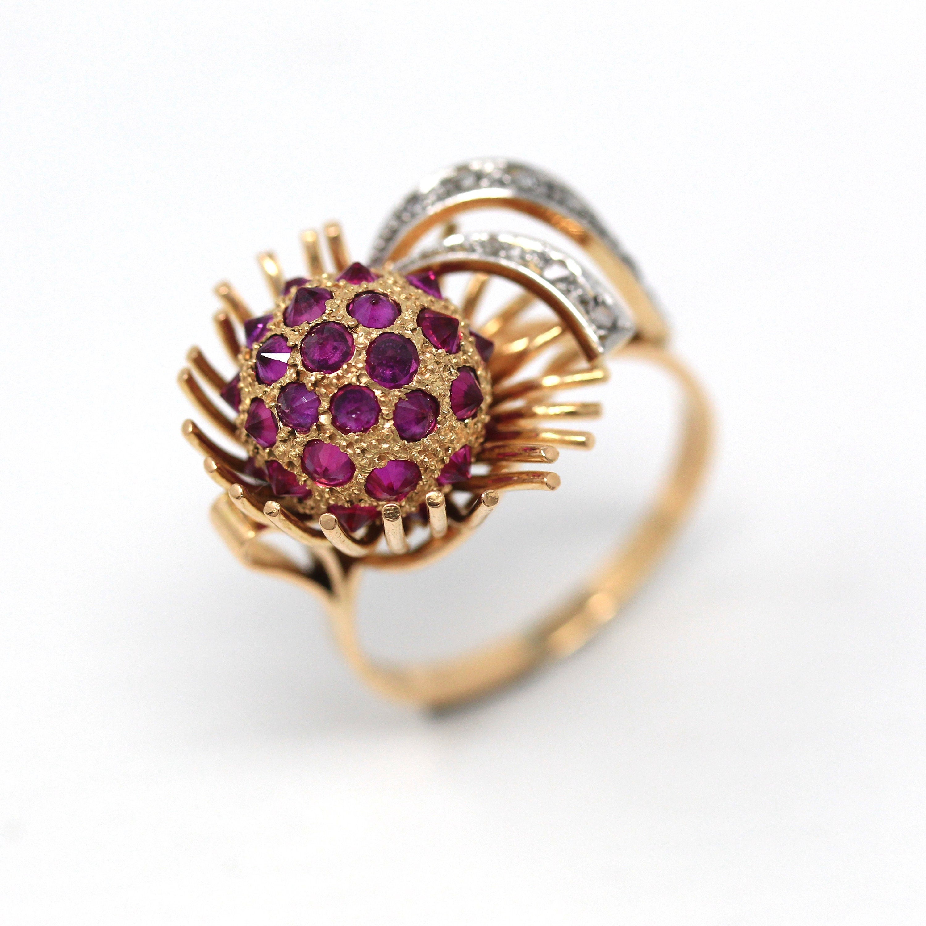 Sale - Vintage Flower Ring - Retro 18k Yellow Gold Reverse Set Created Rubies - Circa 1960s Size 11 Rose Cut Diamonds Cocktail Fine Jewelry