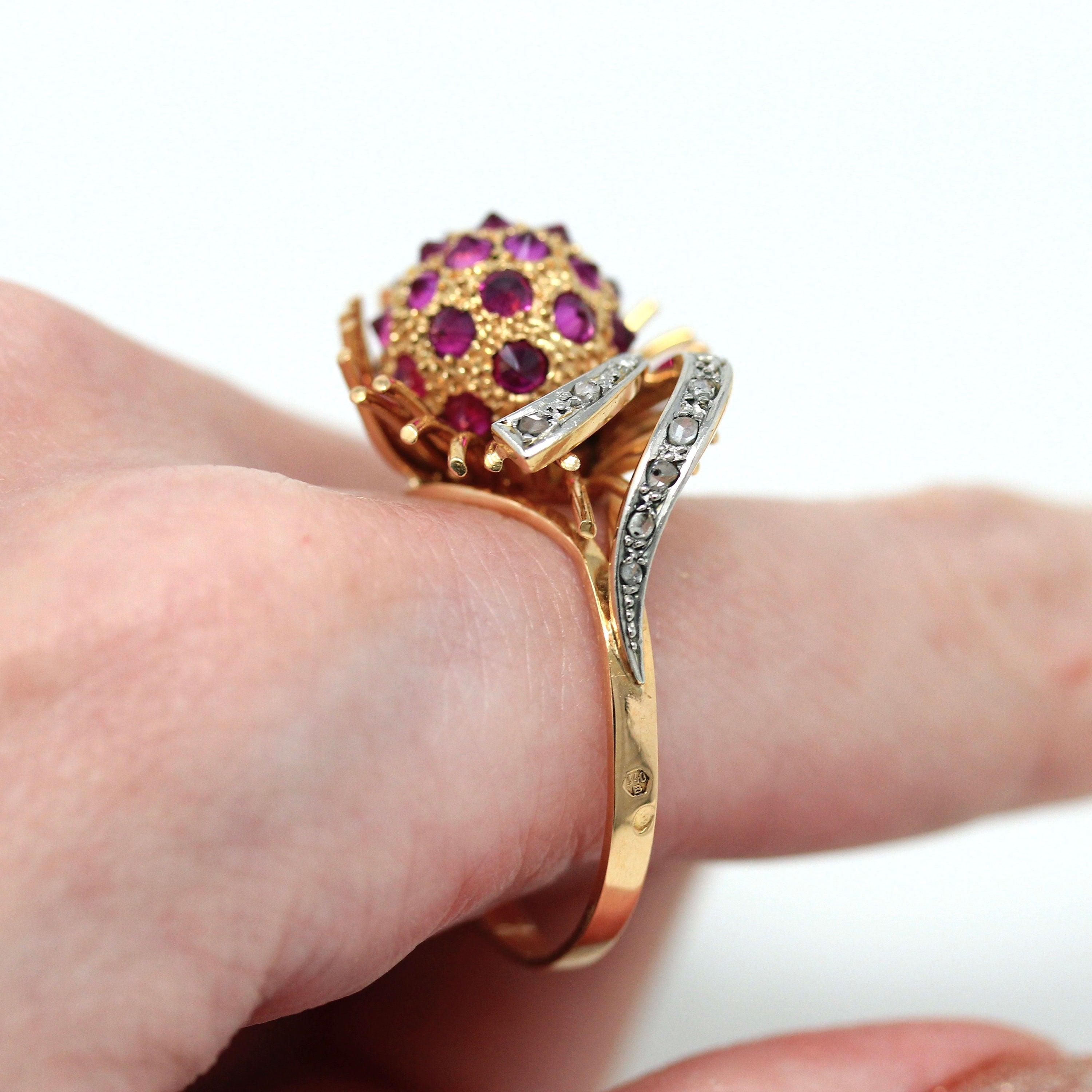 Sale - Vintage Flower Ring - Retro 18k Yellow Gold Reverse Set Created Rubies - Circa 1960s Size 11 Rose Cut Diamonds Cocktail Fine Jewelry