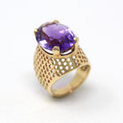 Sale - Amethyst Cocktail Ring - Retro 14k Yellow Gold Oval Cut 9.56 CT Purple Gem - Vintage Circa 1970s Era Size 4.5 Statement Fine Jewelry